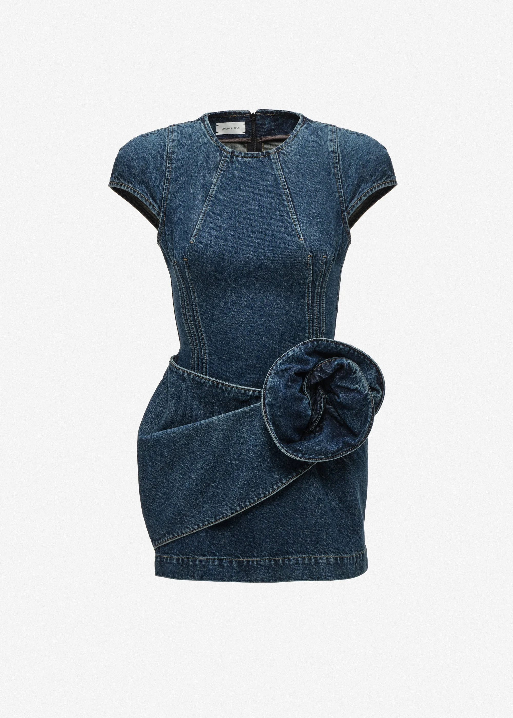 Short-sleeve denim mini dress with sculpted flower in blue - 1