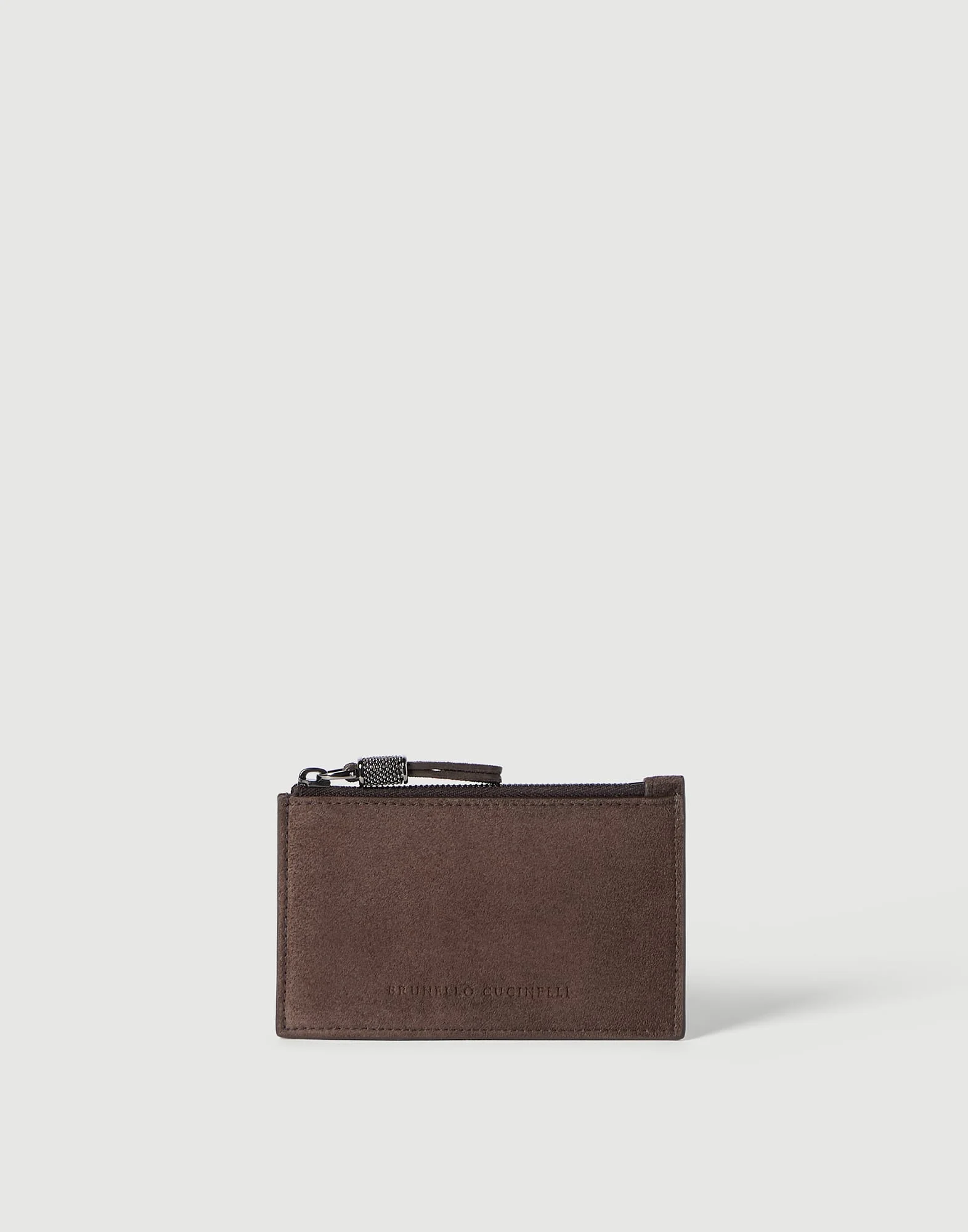 Suede card case with shiny zipper pull - 1