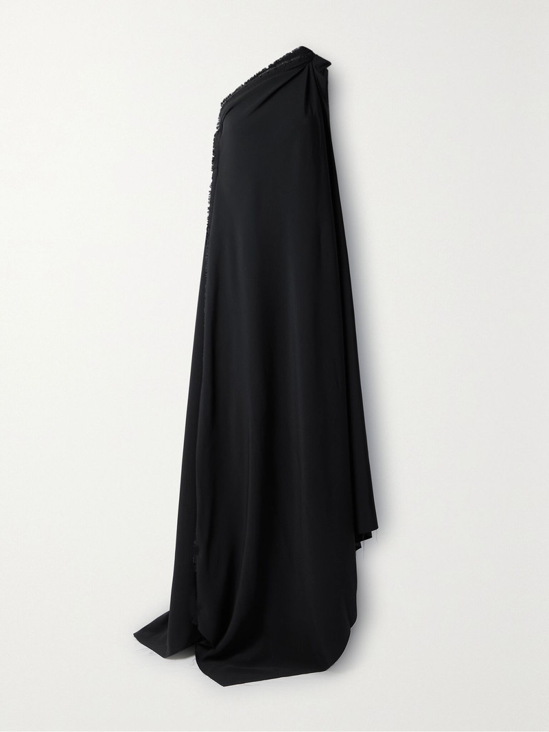 Asymmetric one-shoulder frayed draped crepe gown Black 1