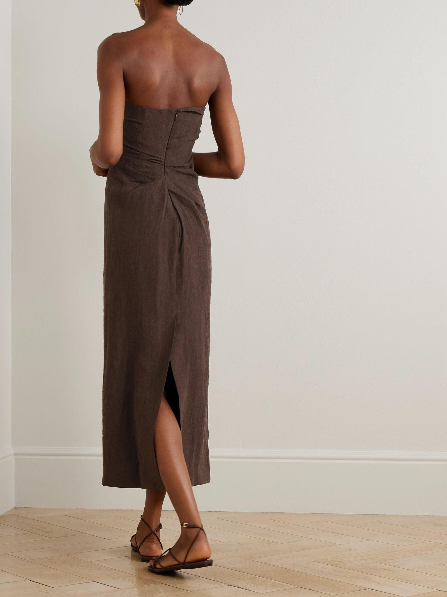 Sabella strapless gathered linen midi dress Brown - 3