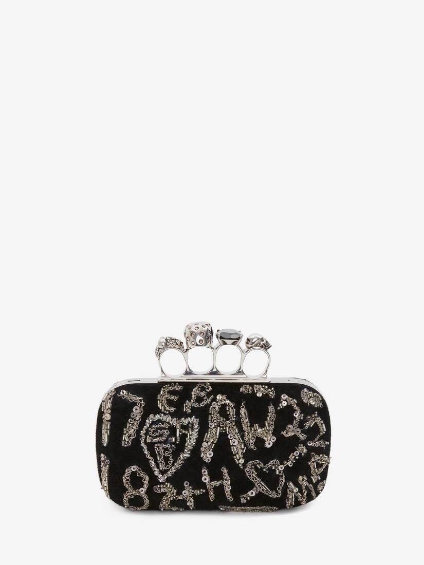 Skull Four Ring Clutch With Chain in Black - 3
