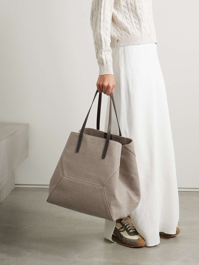 Brunello Cucinelli Leather-trimmed bead-embellished cotton and linen-blend canvas tote outlook