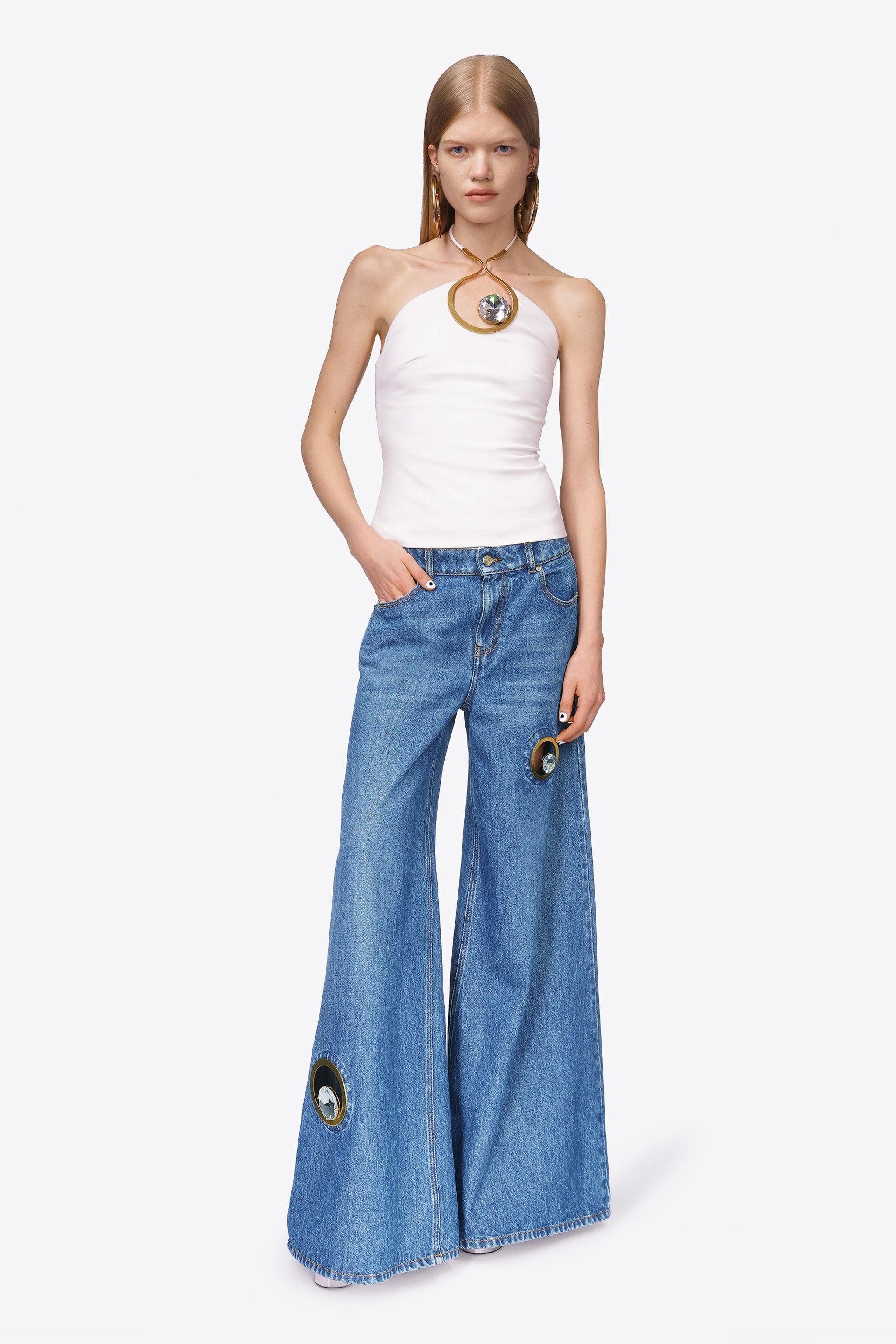 CRYSTAL EYELET WIDE LEG JEAN - 4