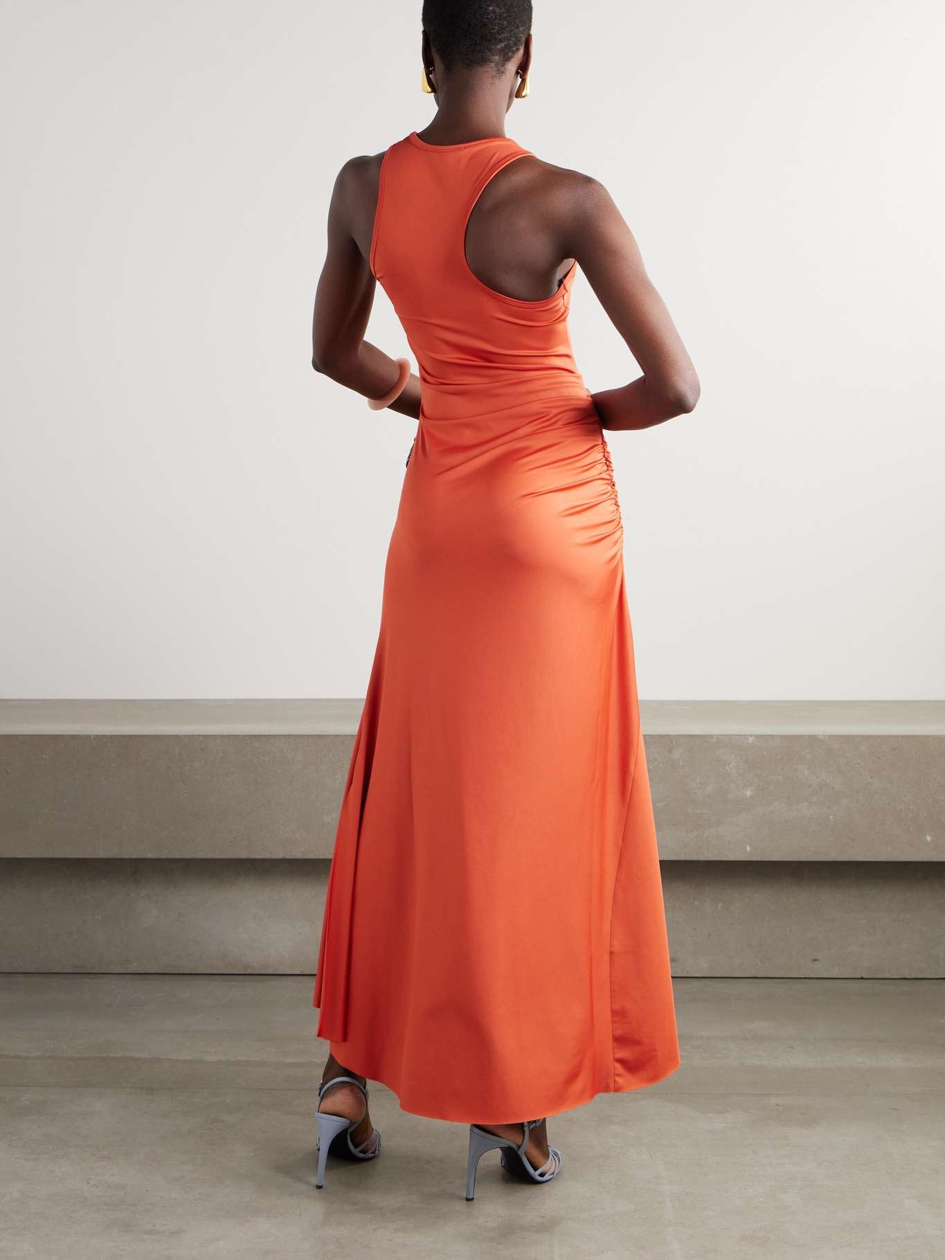Asymmetric ruched satin-jersey midi dress Papaya - 3
