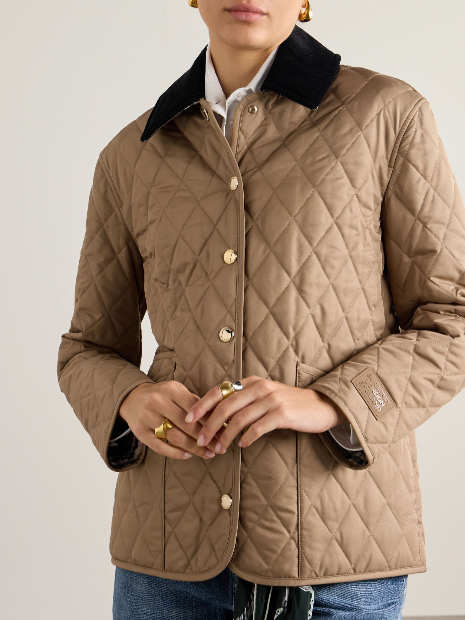 Corduroy-trimmed quilted shell jacket Camel - 3