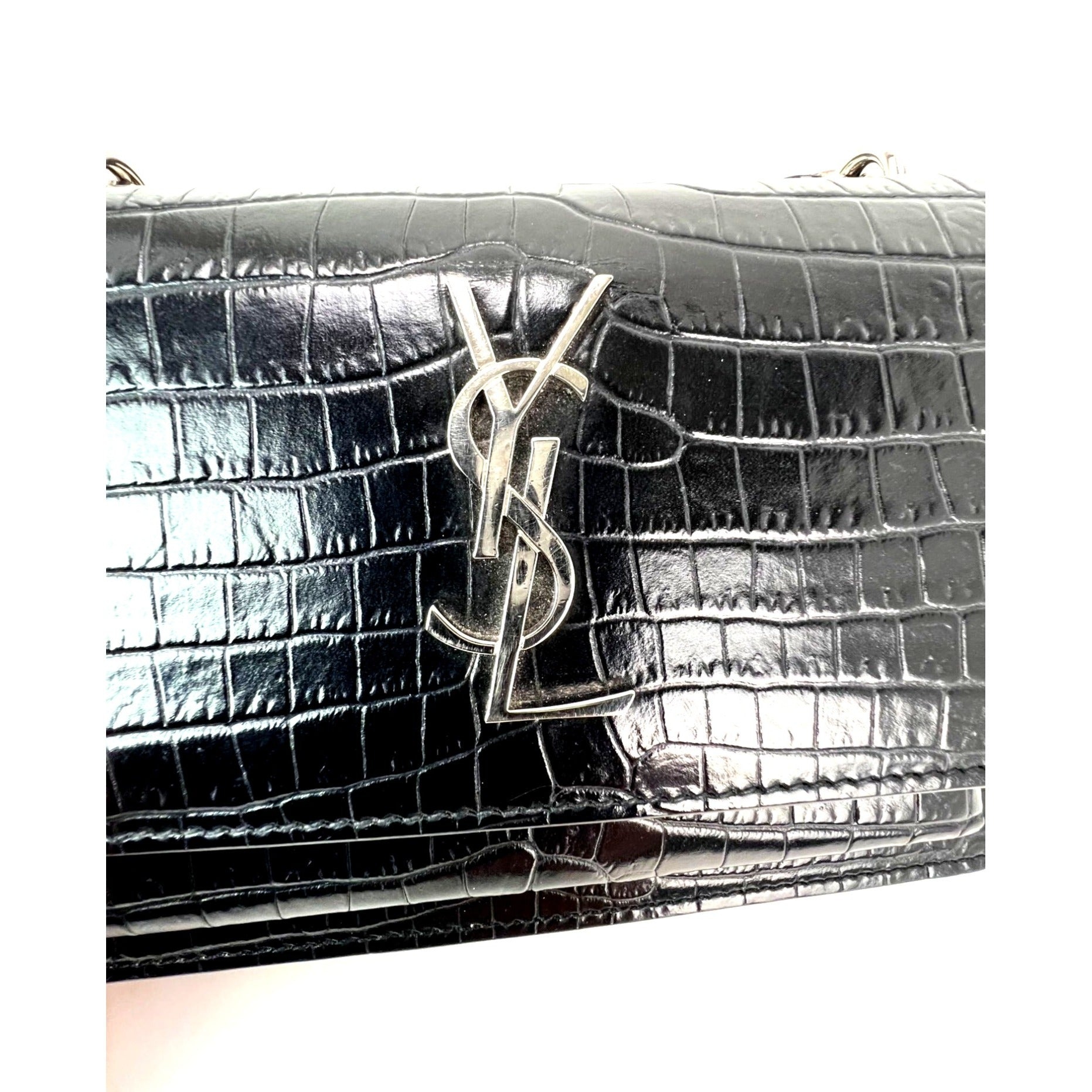 Saint Laurent Black Leather Sunset Wallet on a Chain Crocodile Embossed Bag - 19