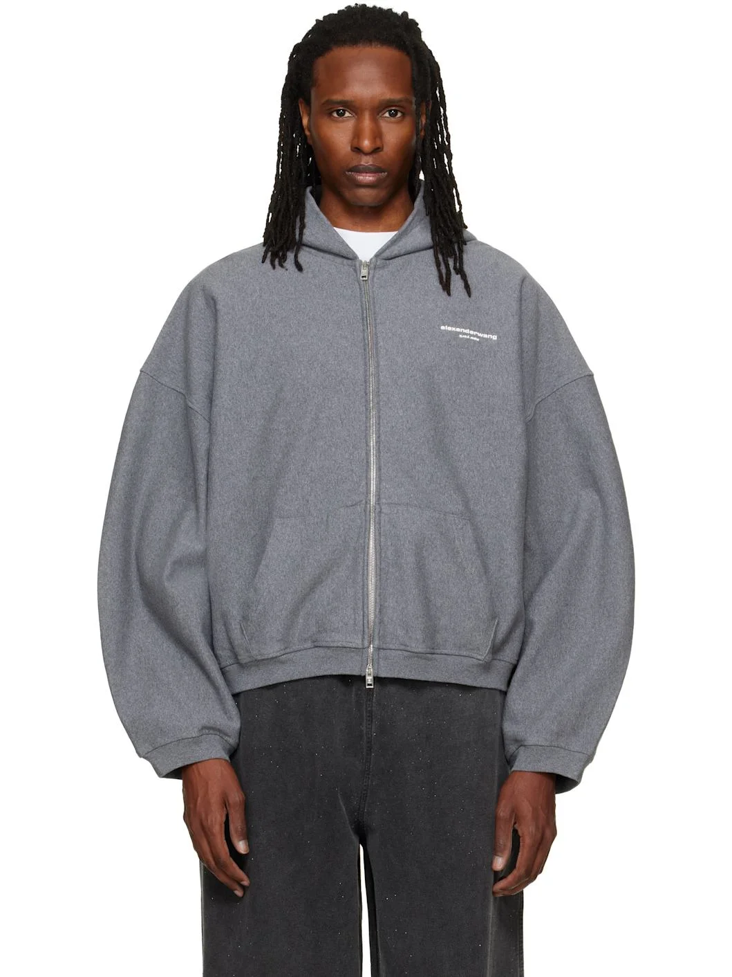 Gray Logo Print Oversized Zip Up Hoodie - 1