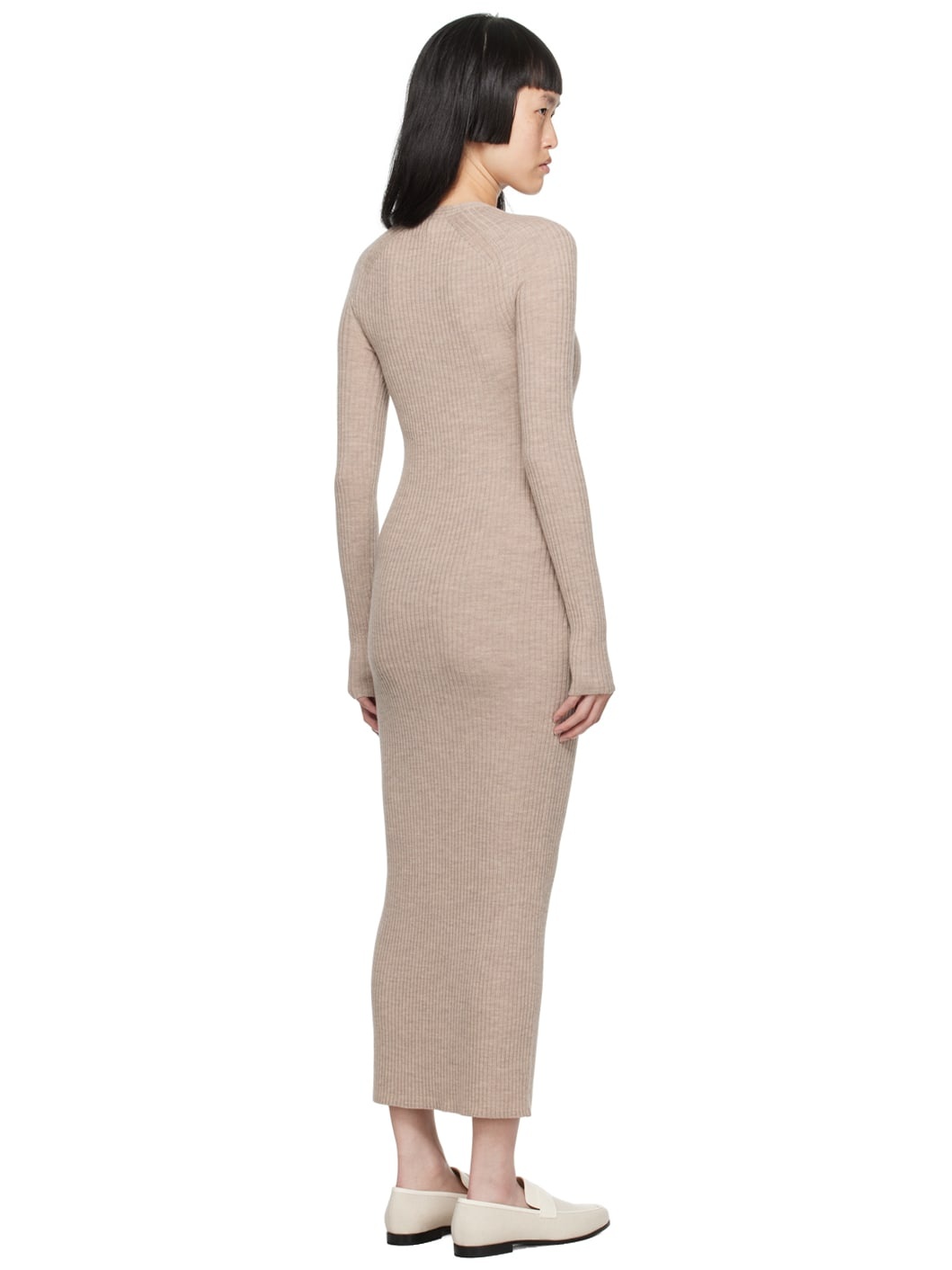 Beige Ribbed Midi Dress - 3