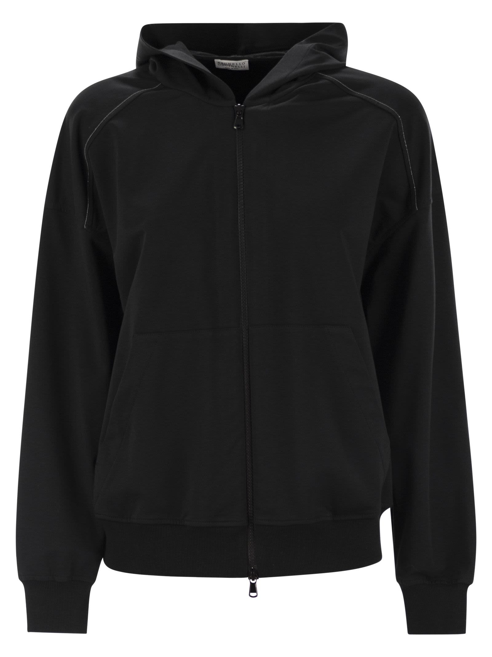 Brunello Cucinelli Women Lightweight Stretch Cotton Fleece Topwear With Zip, Hood And Shiny Trims - 1