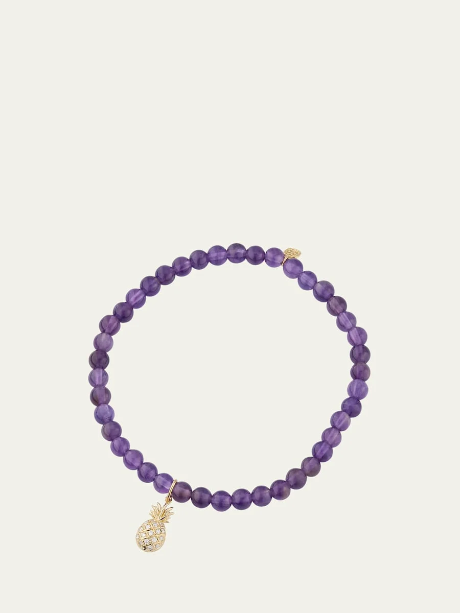 14K Yellow Gold Diamond Pineapple Charm and Amethyst Bead Bracelet - 1