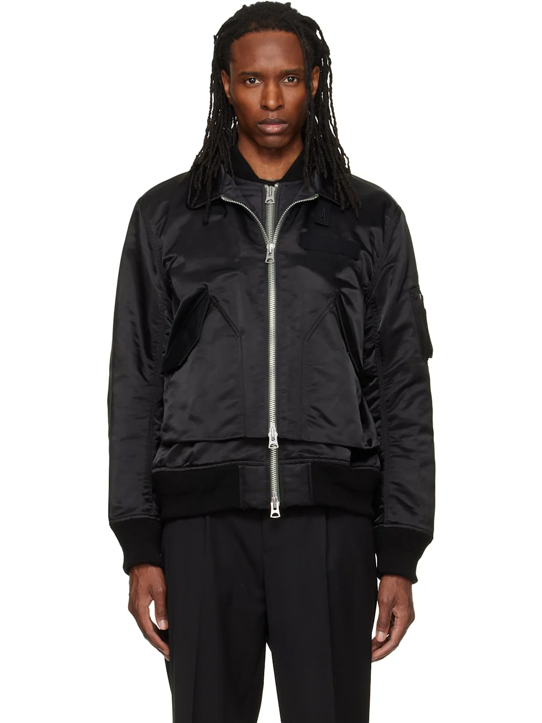 Black Cotton Nylon Twill Bomber Jacket - 1