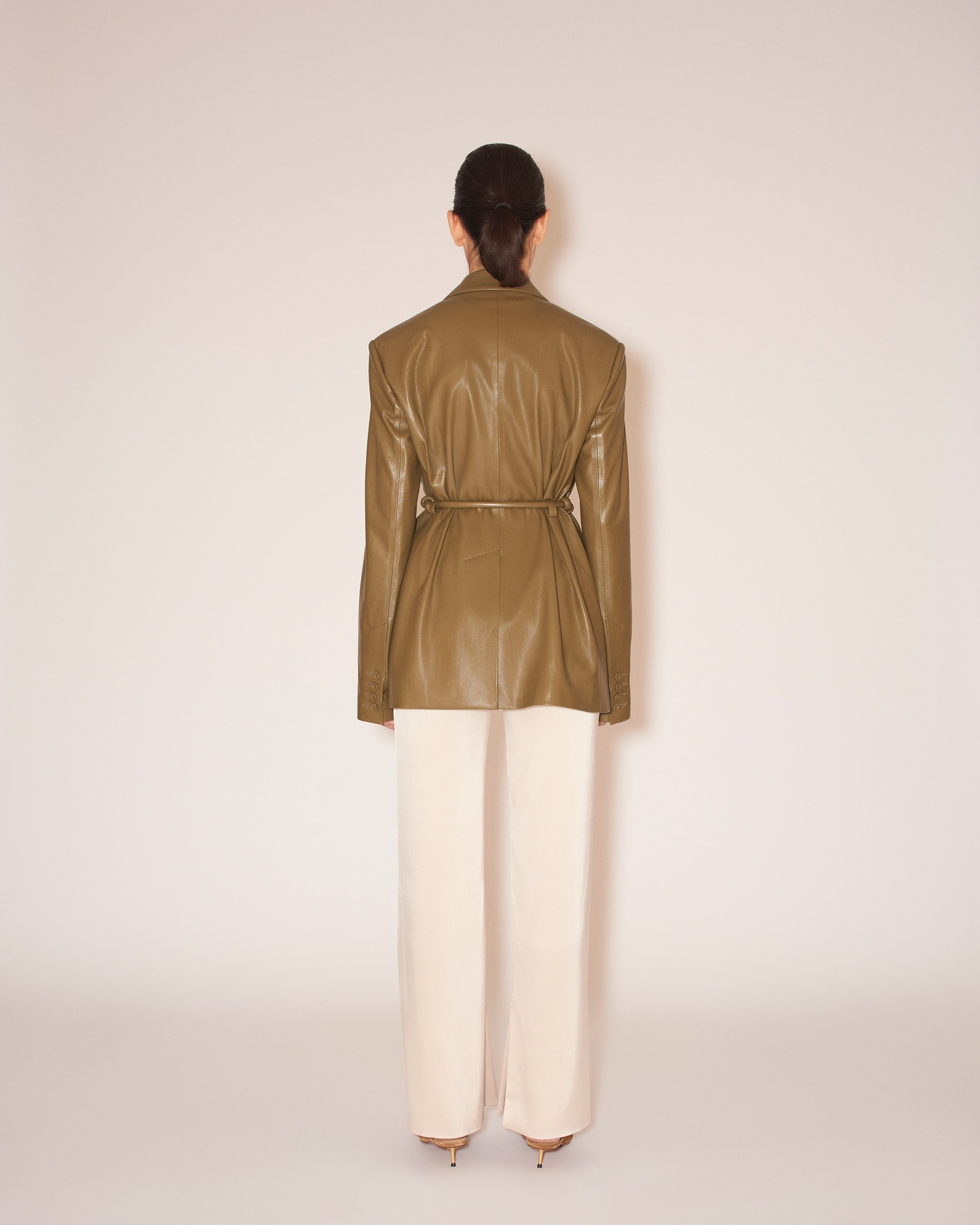 MARIKO - Vegan leather tie-waist blazer - Olive - 5