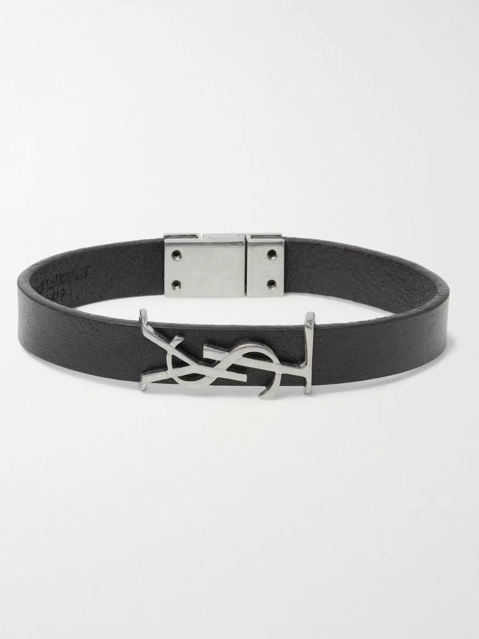 Logo-Detailed Burnished Silver-Tone and Leather Bracelet Black - 1