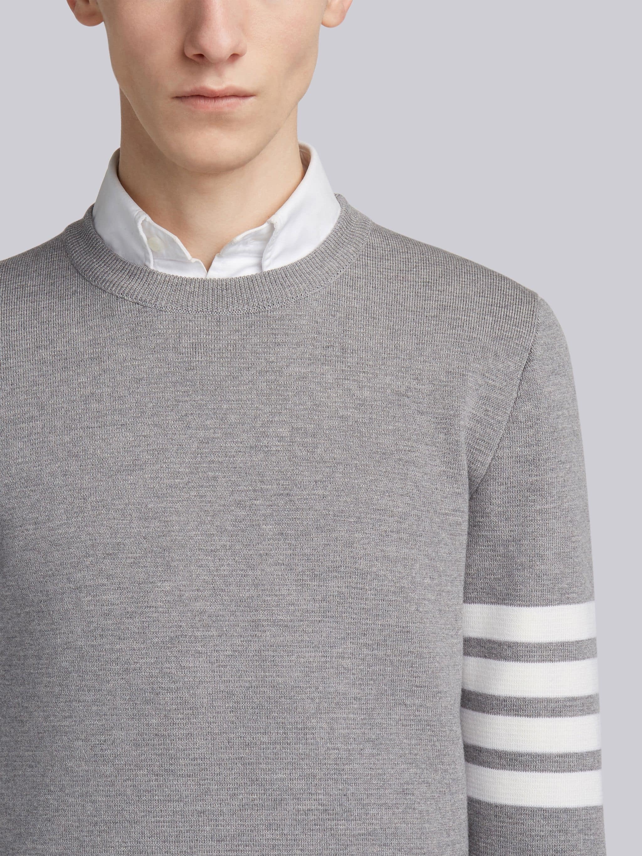 Light Grey Finemerino Wool 4-bar Crew Neck Pullover - 5