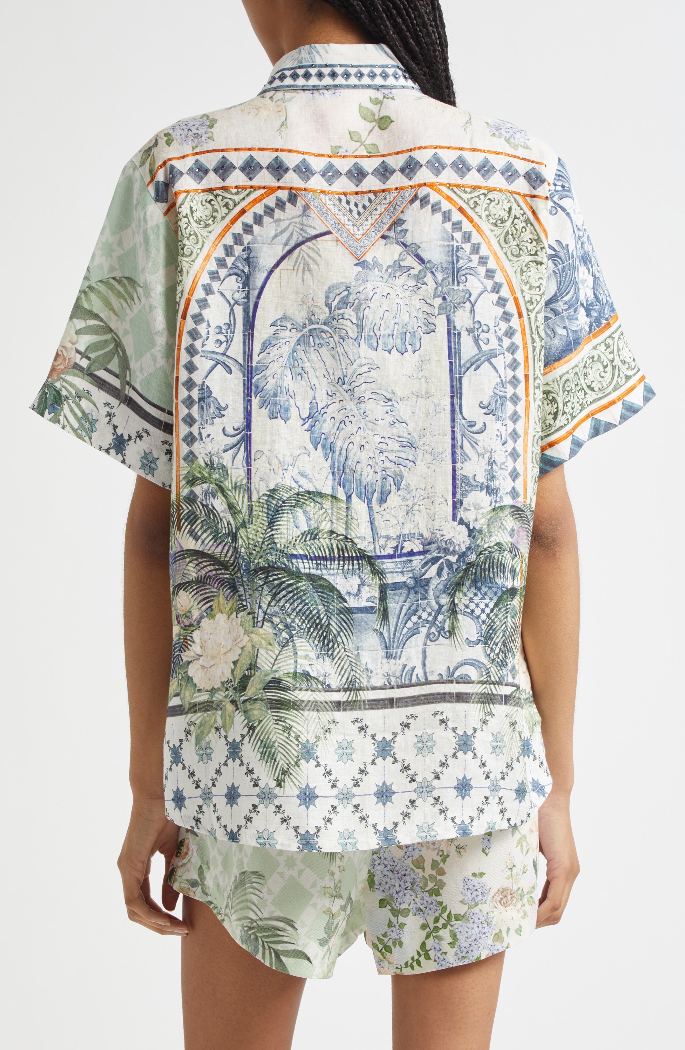 Camilla Classic Linen Button-Up Shirt in Jardim Party at Nordstrom - 2