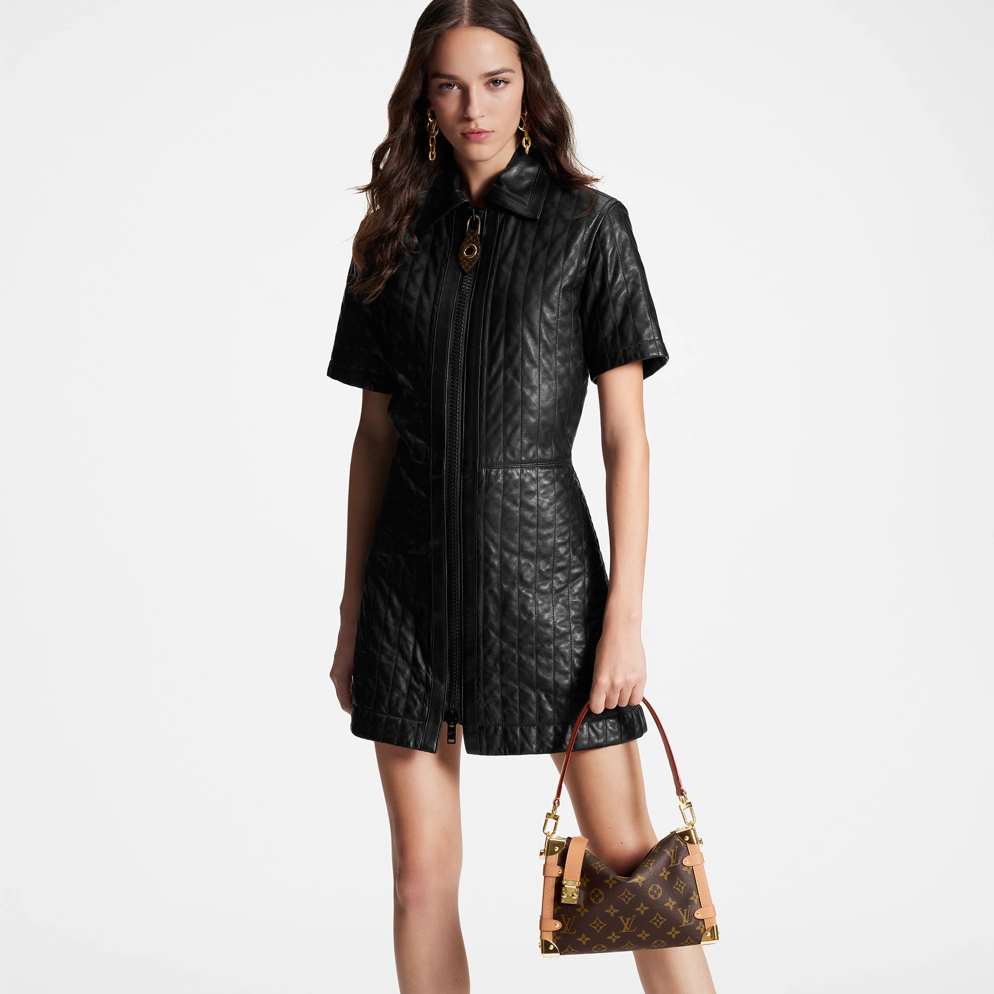 Pinstripe Leather Zip-Up Dress - 5