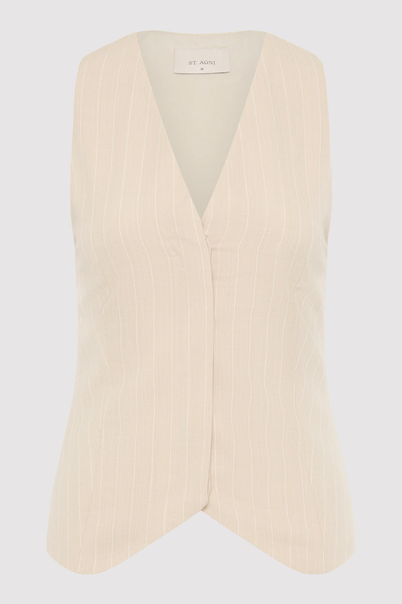 Pinstripe Wool Vest - Latte - 1