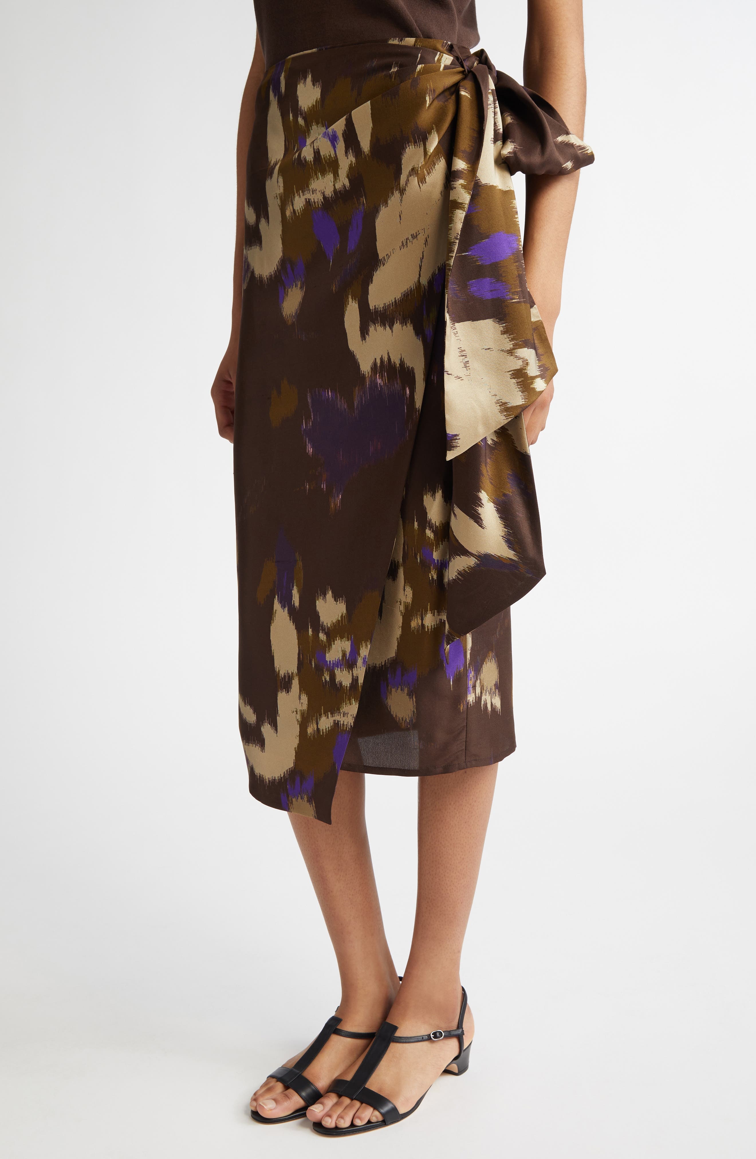 Max Mara Dritto Floral Shantung Silk Wrap Skirt in Coffee at Nordstrom - 5