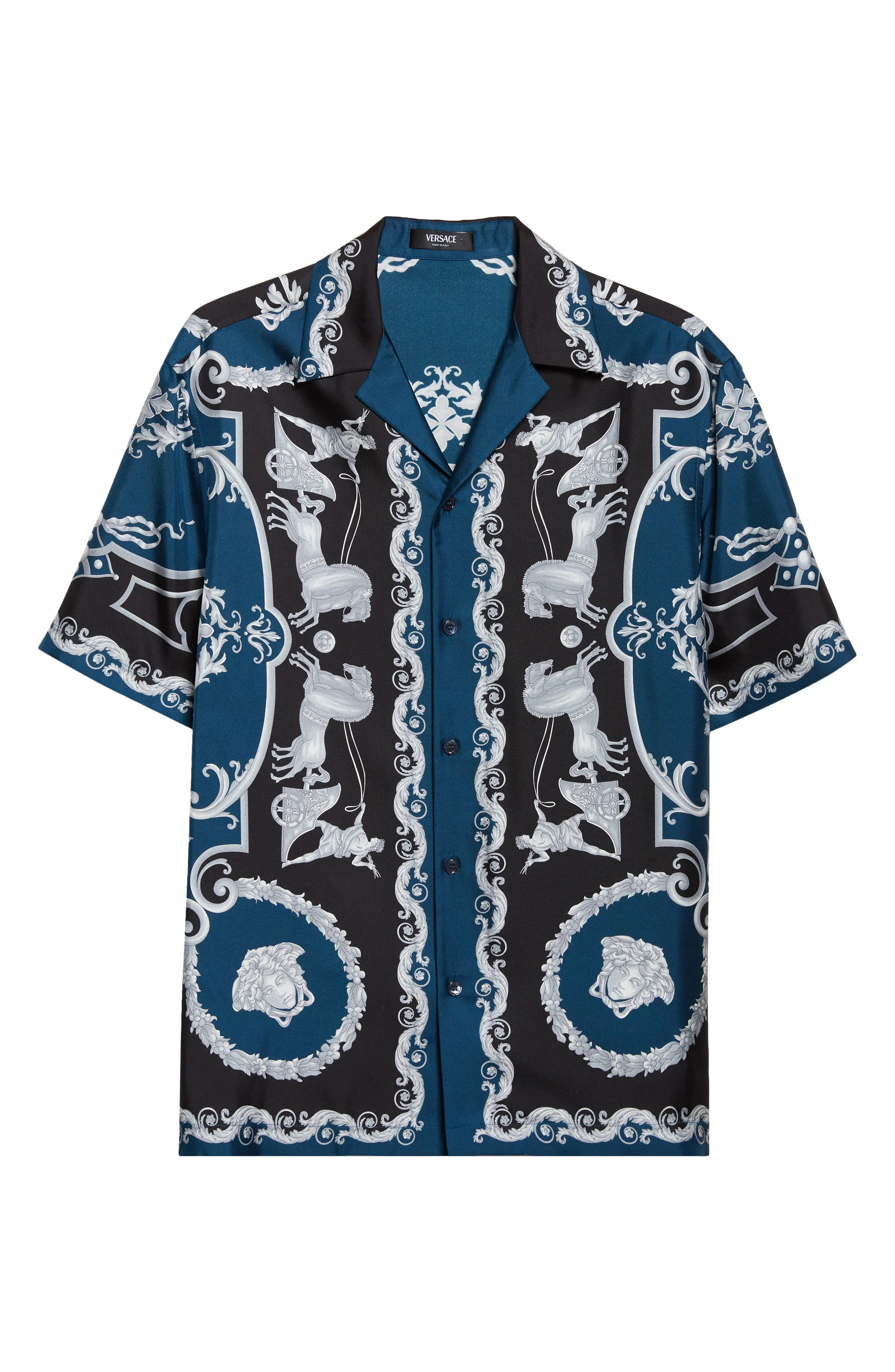 Versace La Coupe des Dieux Silk Camp Shirt in Black Petrol Blue at Nordstrom - 1