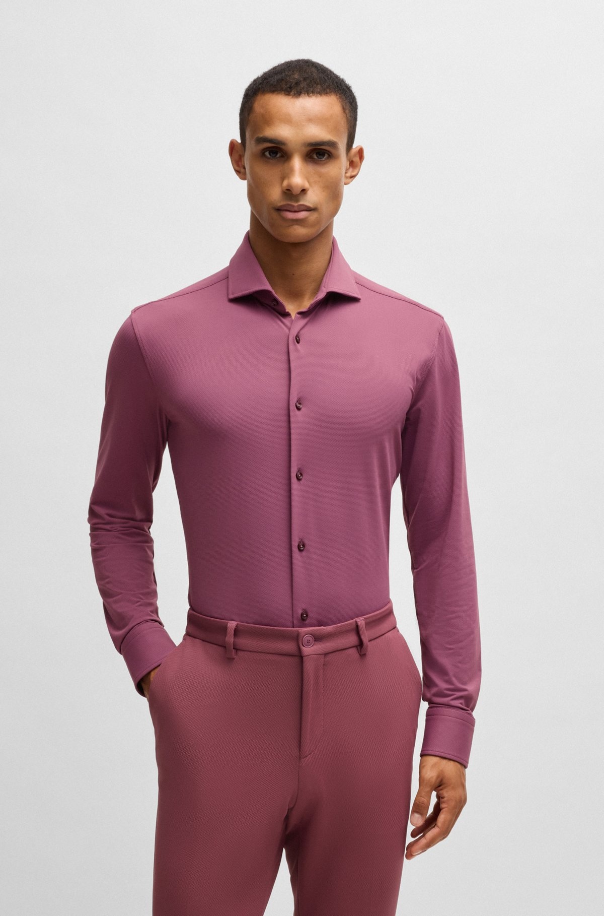 SLIM-FIT SHIRT IN STRUCTURED PERFORMANCE-STRETCH JERSEY - 2