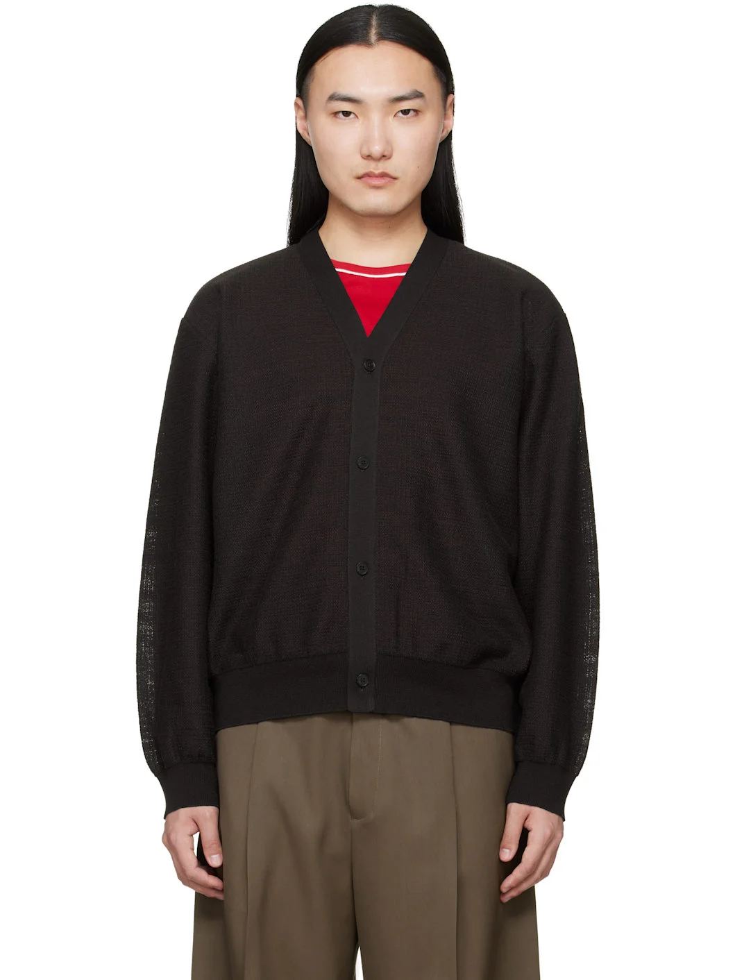 Brown Slub Cotton Knit Cardigan - 1
