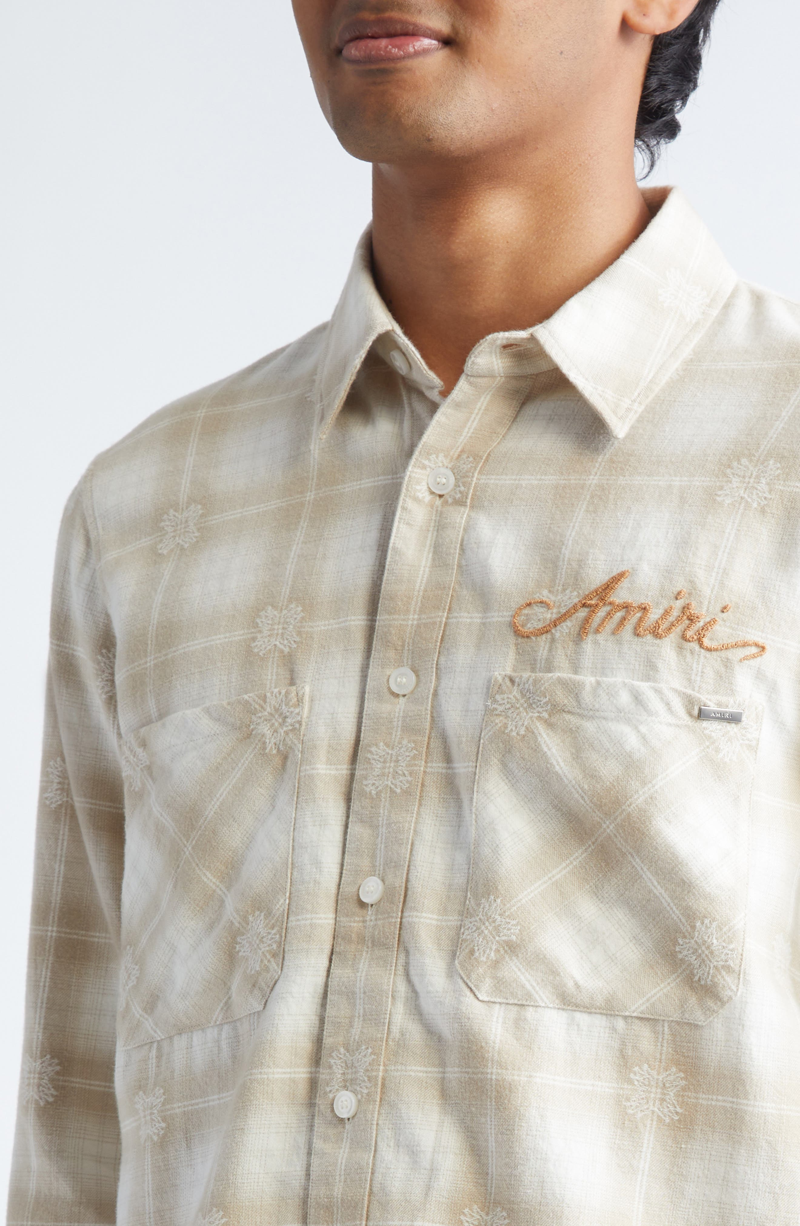 AMIRI Bleach Bandana Patch Flannel Button-Up Shirt in Light Camel at Nordstrom - 4