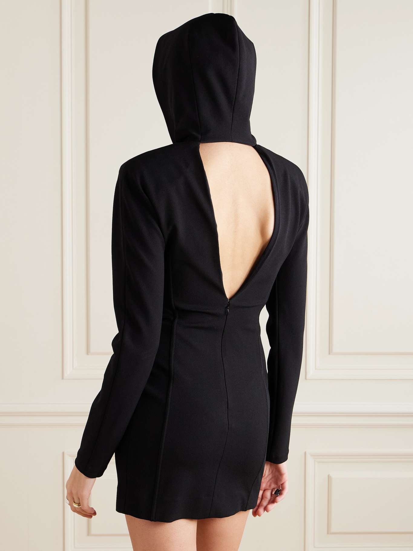Open-back hooded paneled crepe-jersey mini dress Black - 3