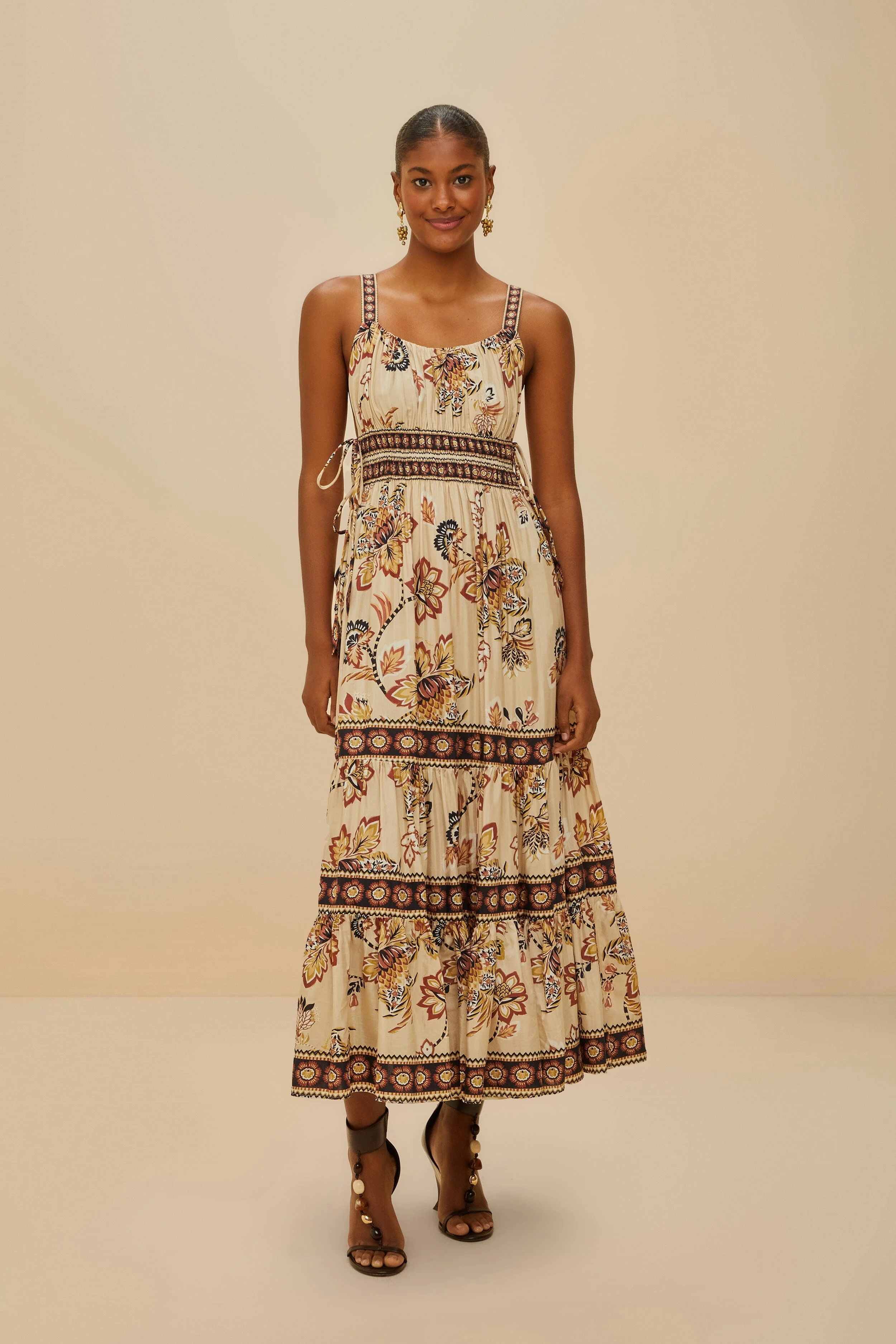Sand Aura Floral Sleeveless Midi Dress - 1