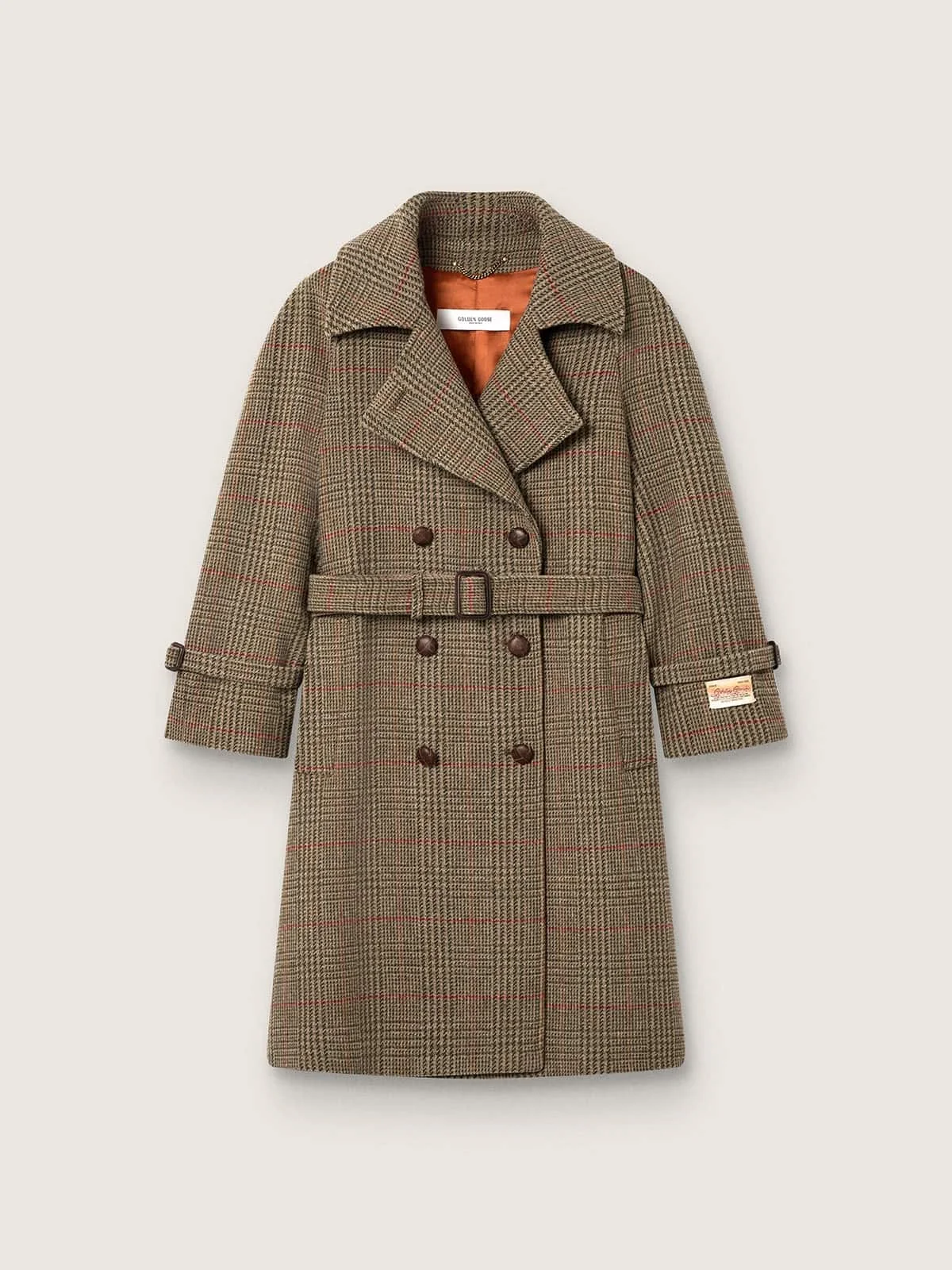Women's coat in green Prince of Wales wool with red check motif - 1