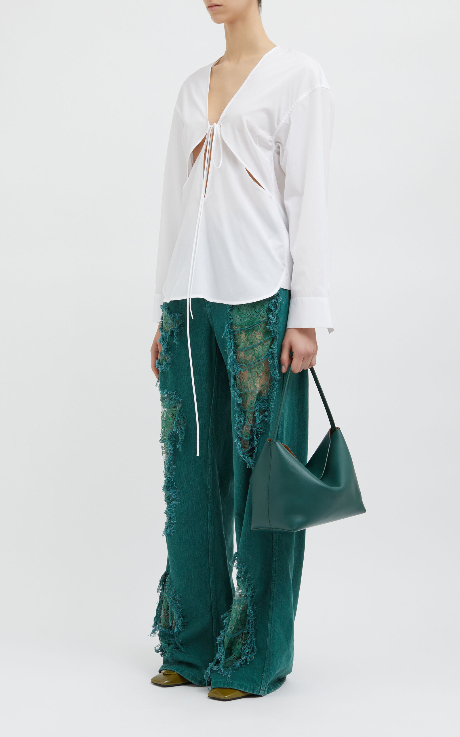 Arboreal Lace-Detailed Distressed Stretch Jeans green - 3
