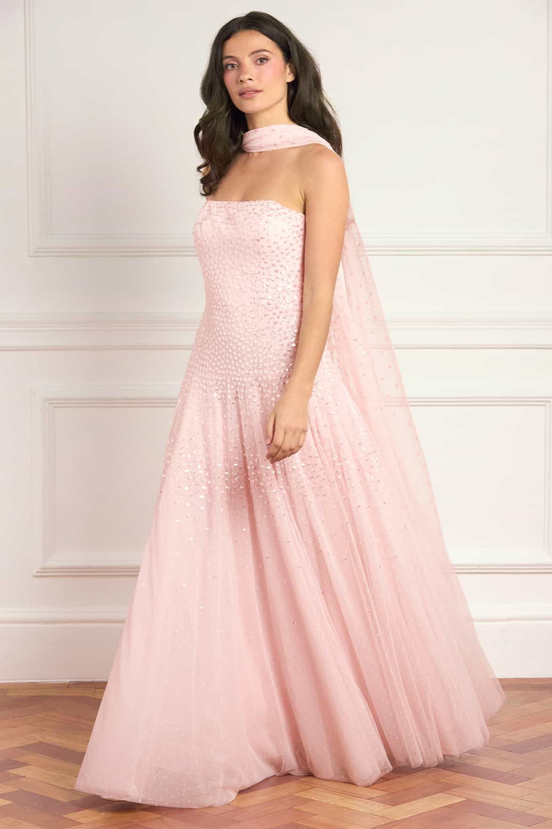 Needle & Thread Sunrise Sequin Strapless Cape Gown outlook