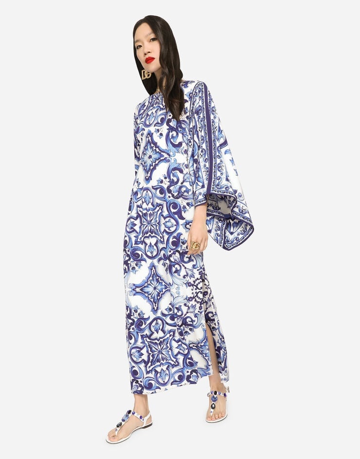 Long majolica-print charmeuse dress - 5