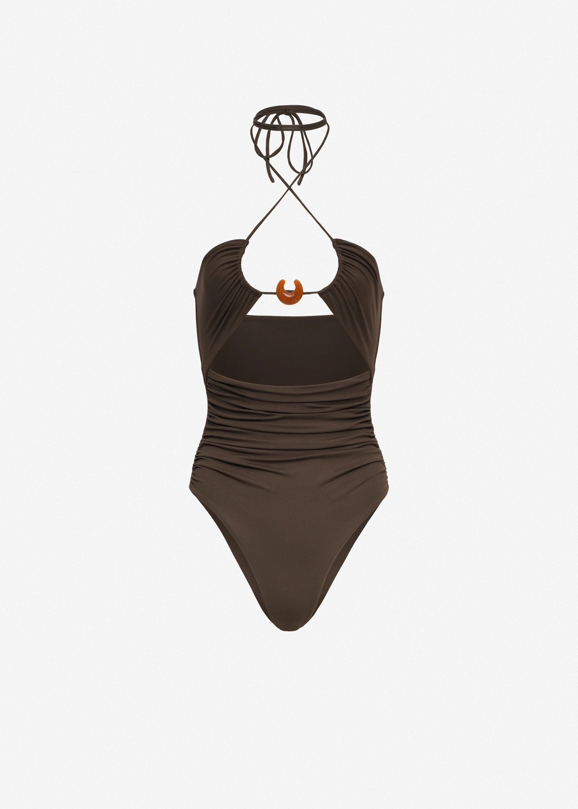 Halterneck swimsuit with ring detail in brown - 1