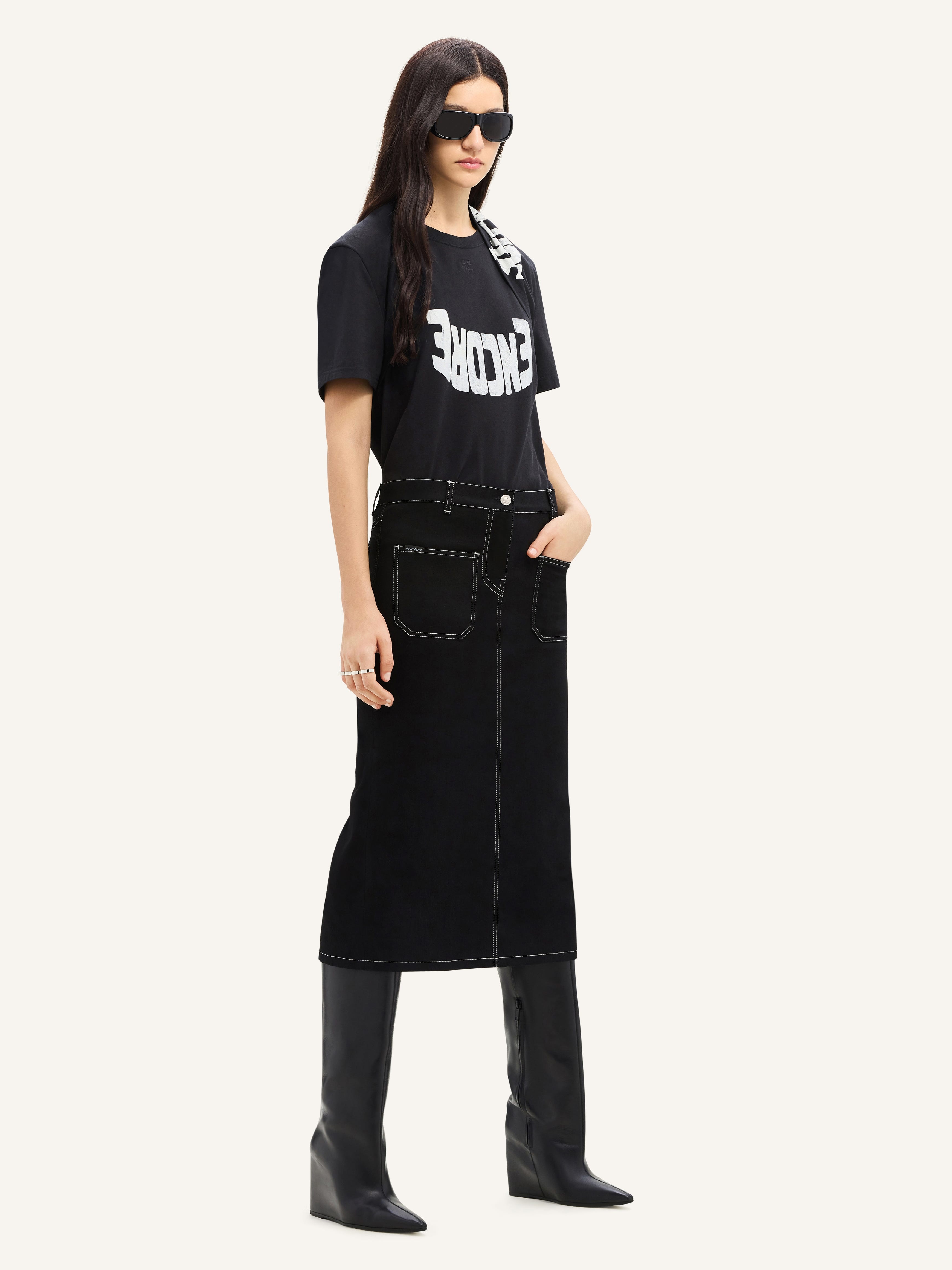 2-POCKET TOPSTITCHED DENIM MIDI SKIRT - 3