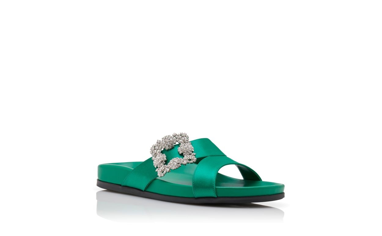 Green Satin Jewel Buckle Flat Mules - 3