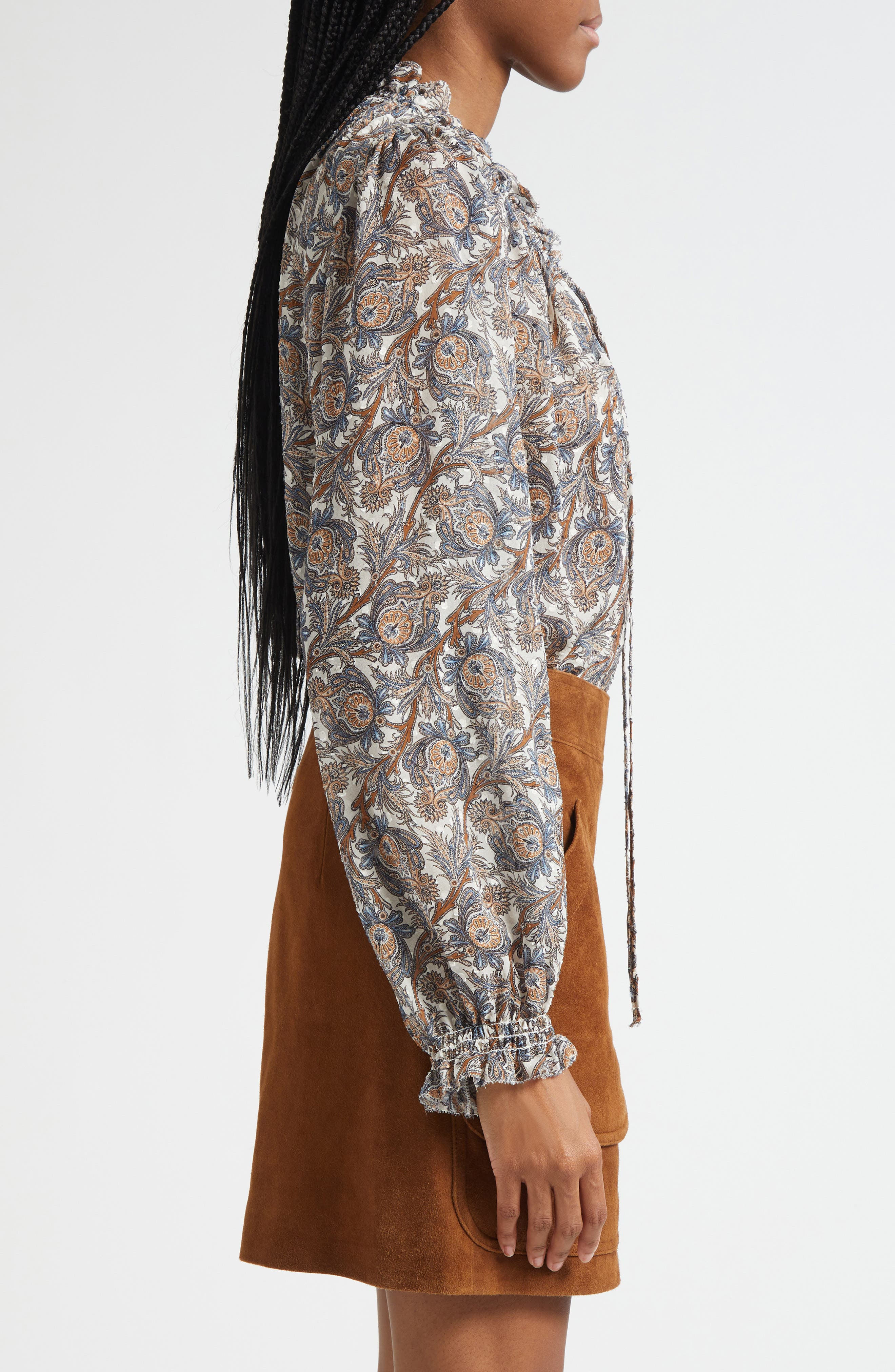Veronica Beard Hickory Print Tie Neck Silk Blend Shirt in Dove Multi at Nordstrom - 4