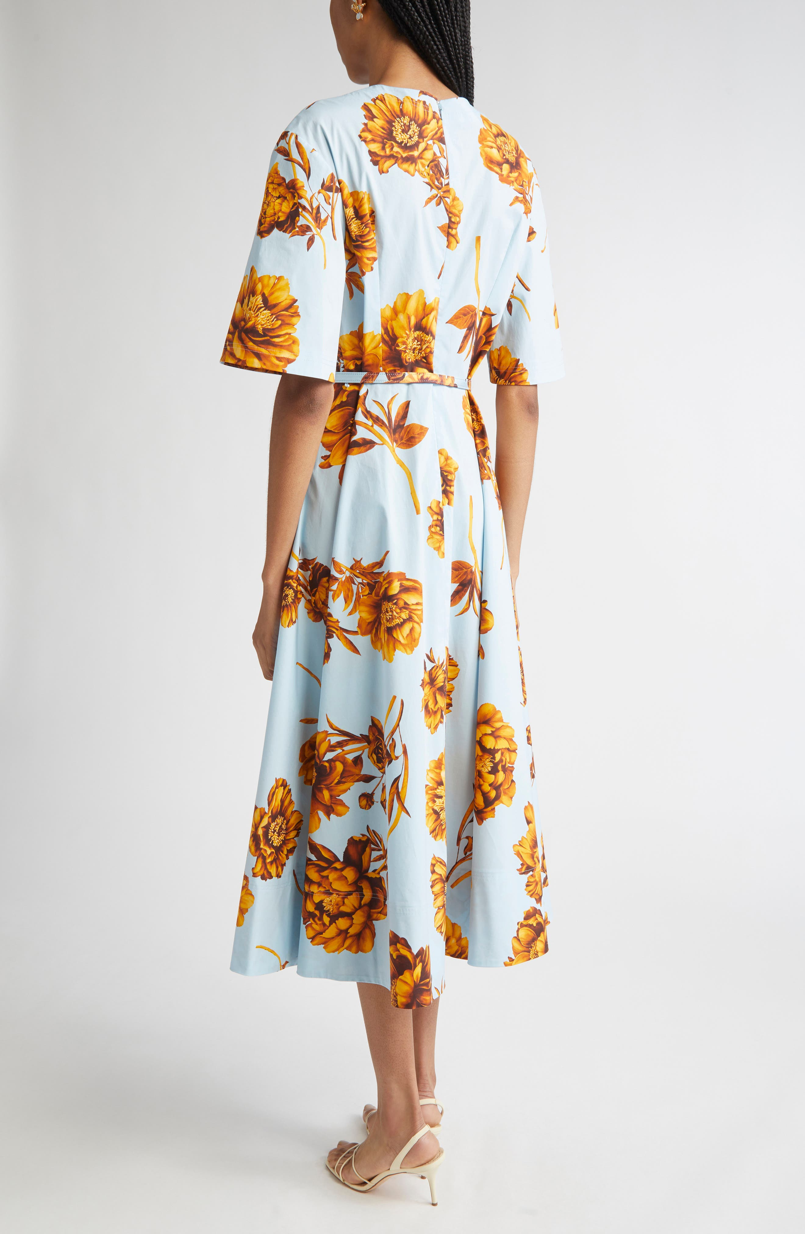 Oscar de la Renta Tonal Peony Print Stretch Poplin Belted Dress in Brown/Ice Blue at Nordstrom - 2