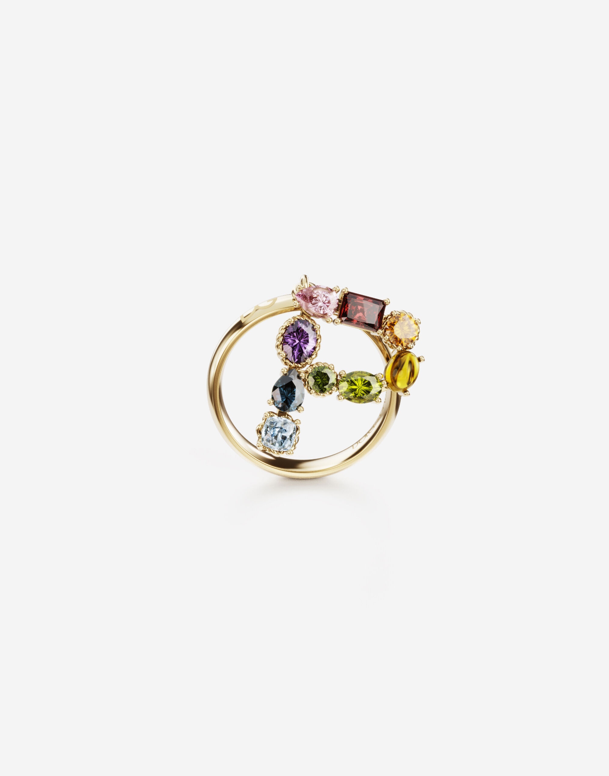 Rainbow alphabet P ring in yellow gold with multicolor fine gems - 1