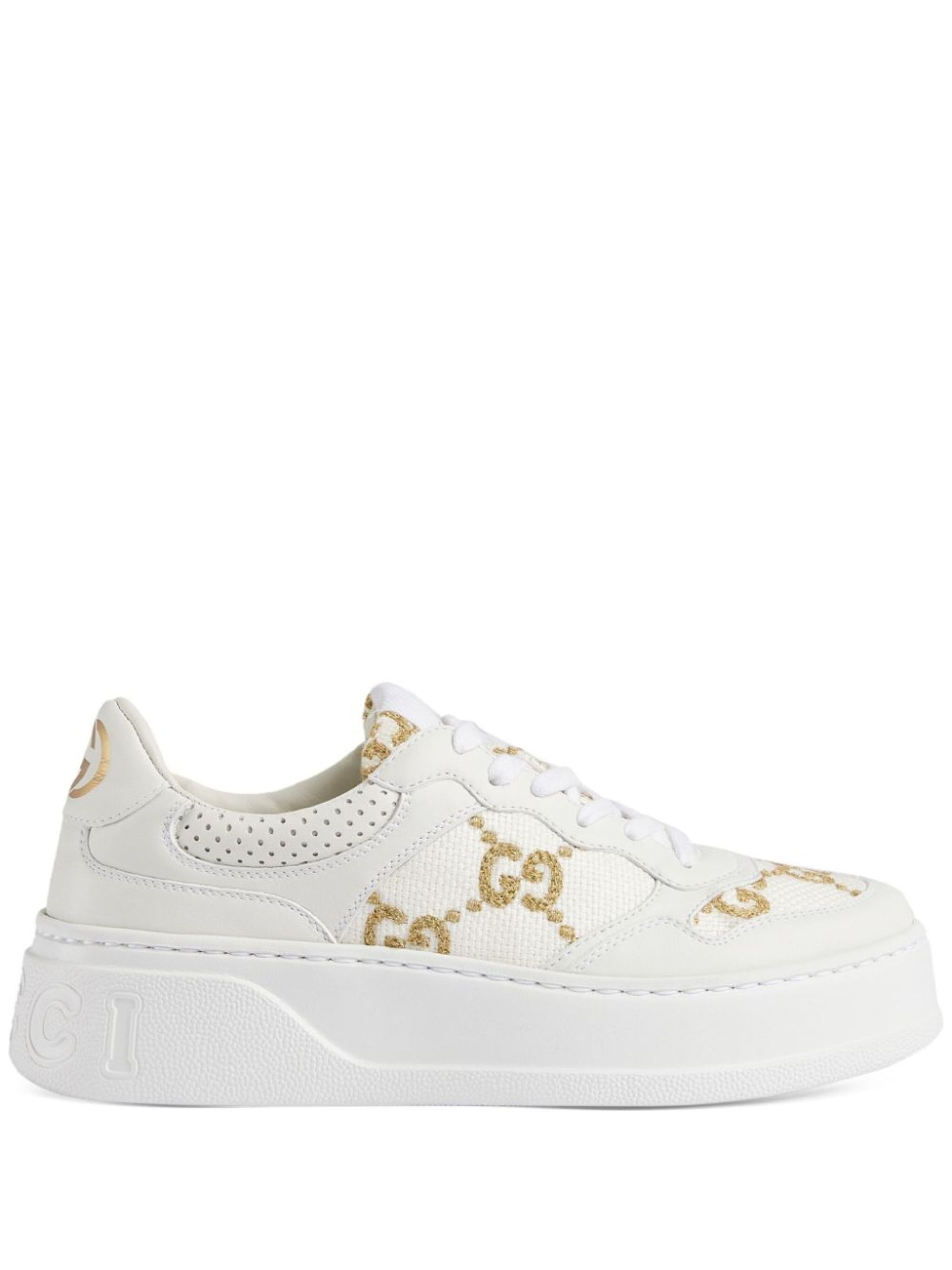White GG-Embroidered Leather Sneakers - 1