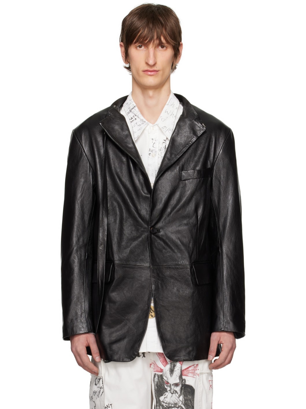 Black Belt Collar Leather Jacket - 1