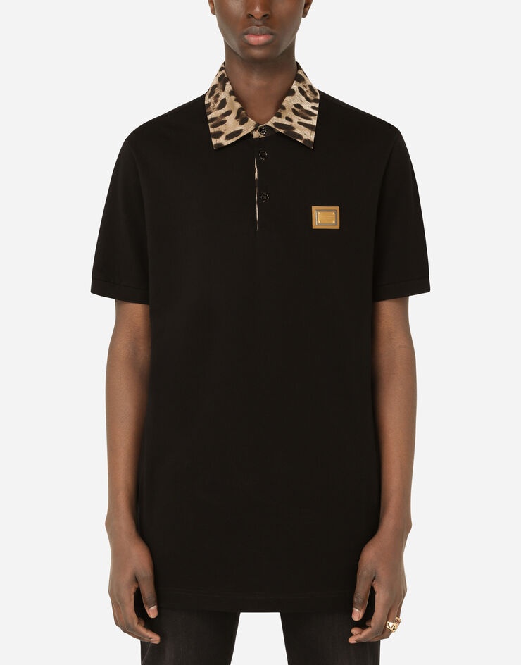 Cotton piqué polo-shirt with leopard-print details and plate - 1