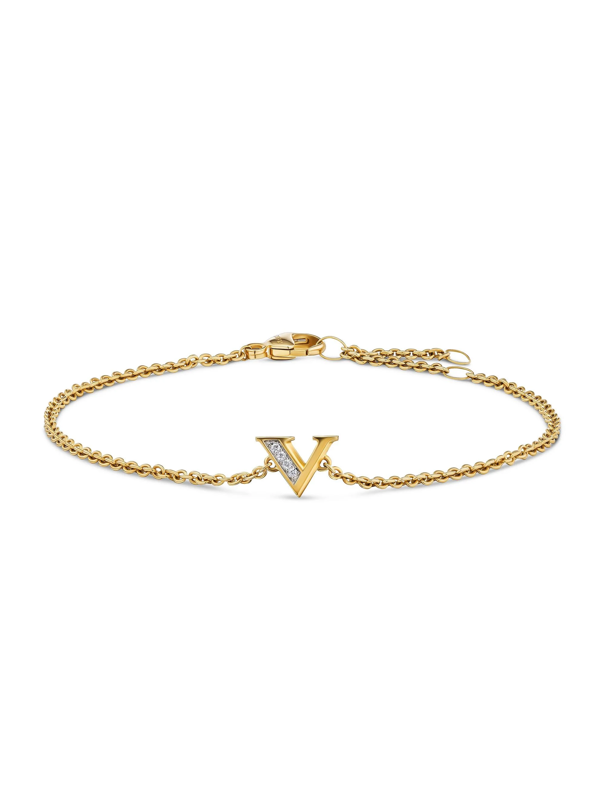Women's Petite Pavé Initial Chain Bracelet in 18K Yellow Gold - Initial V - 1