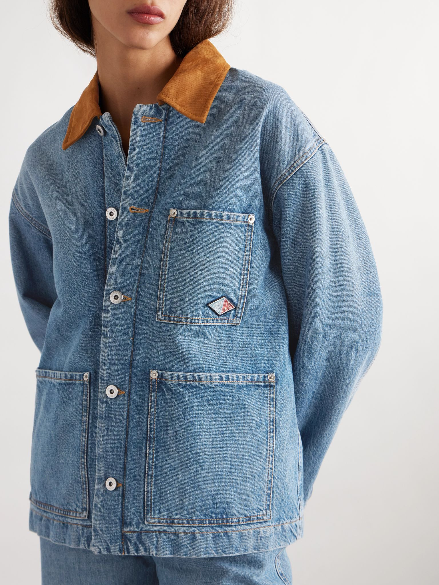 Appliquéd suede-trimmed denim jacket Mid denim - 3