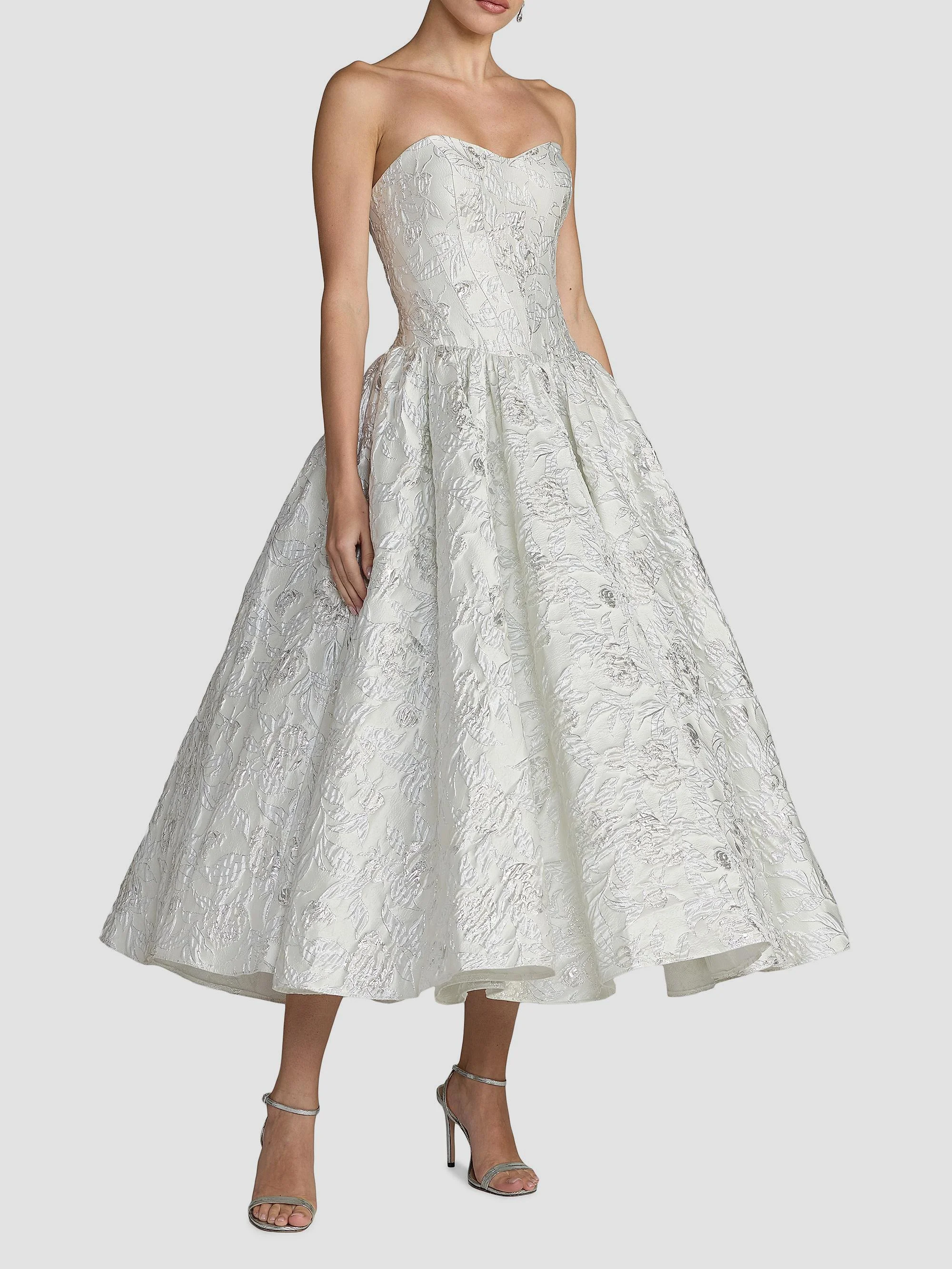 Women's Floral Brocade Strapless Midi-Dress - Ivory - 1