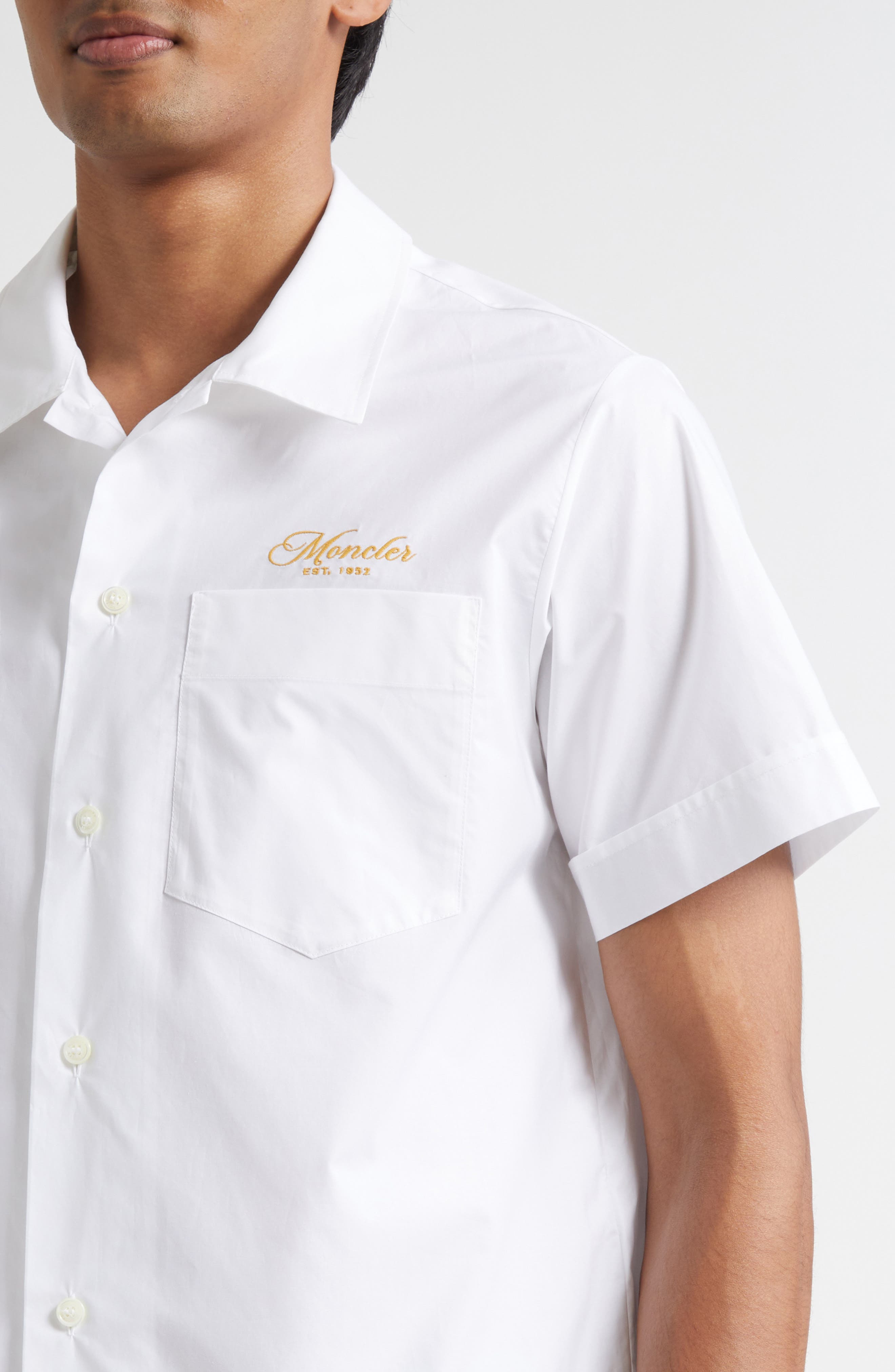 Moncler Logo Embroidered Camp Shirt in Brilliant White at Nordstrom - 4