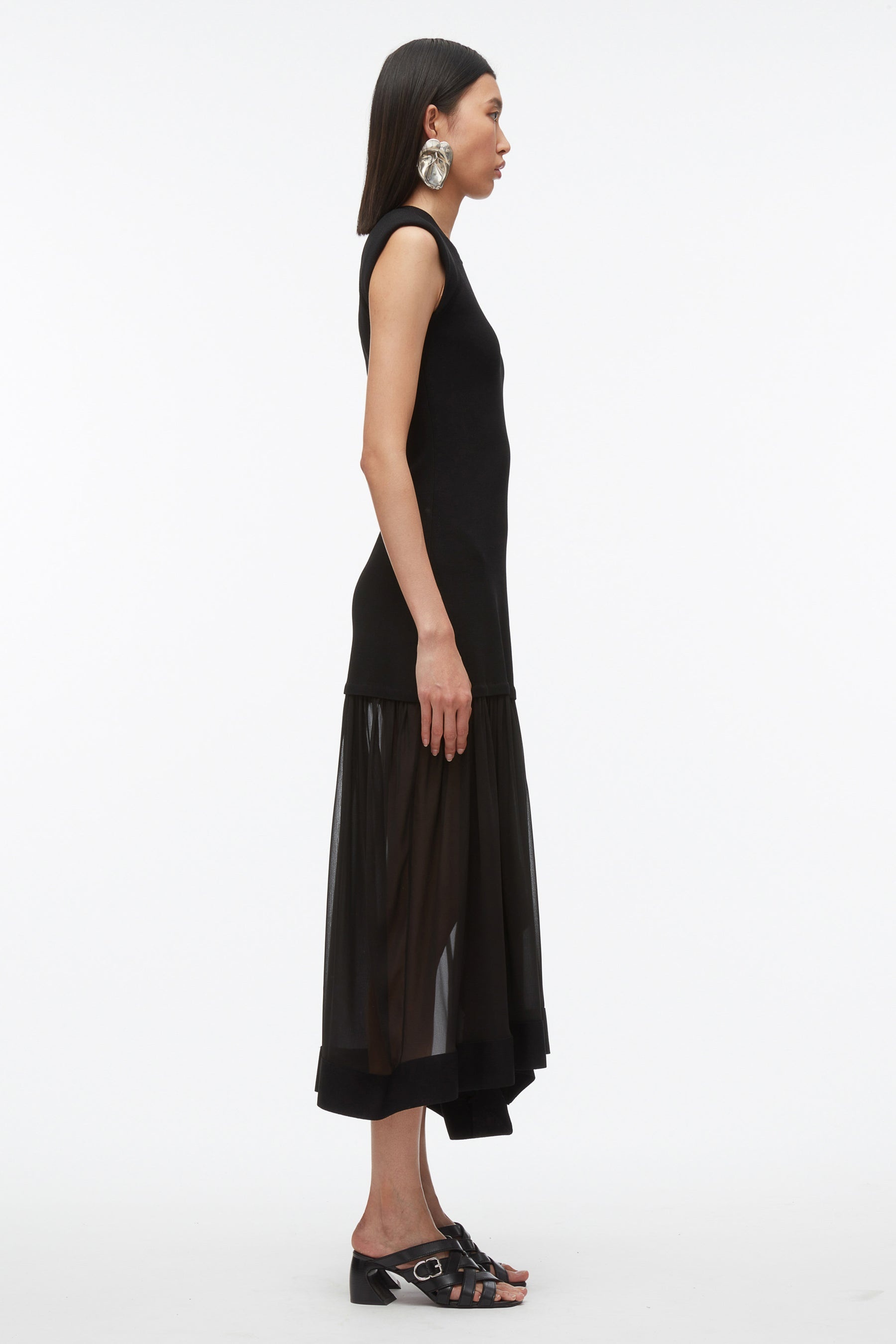 Compact Rib Dress with Chiffon Skirt - 3