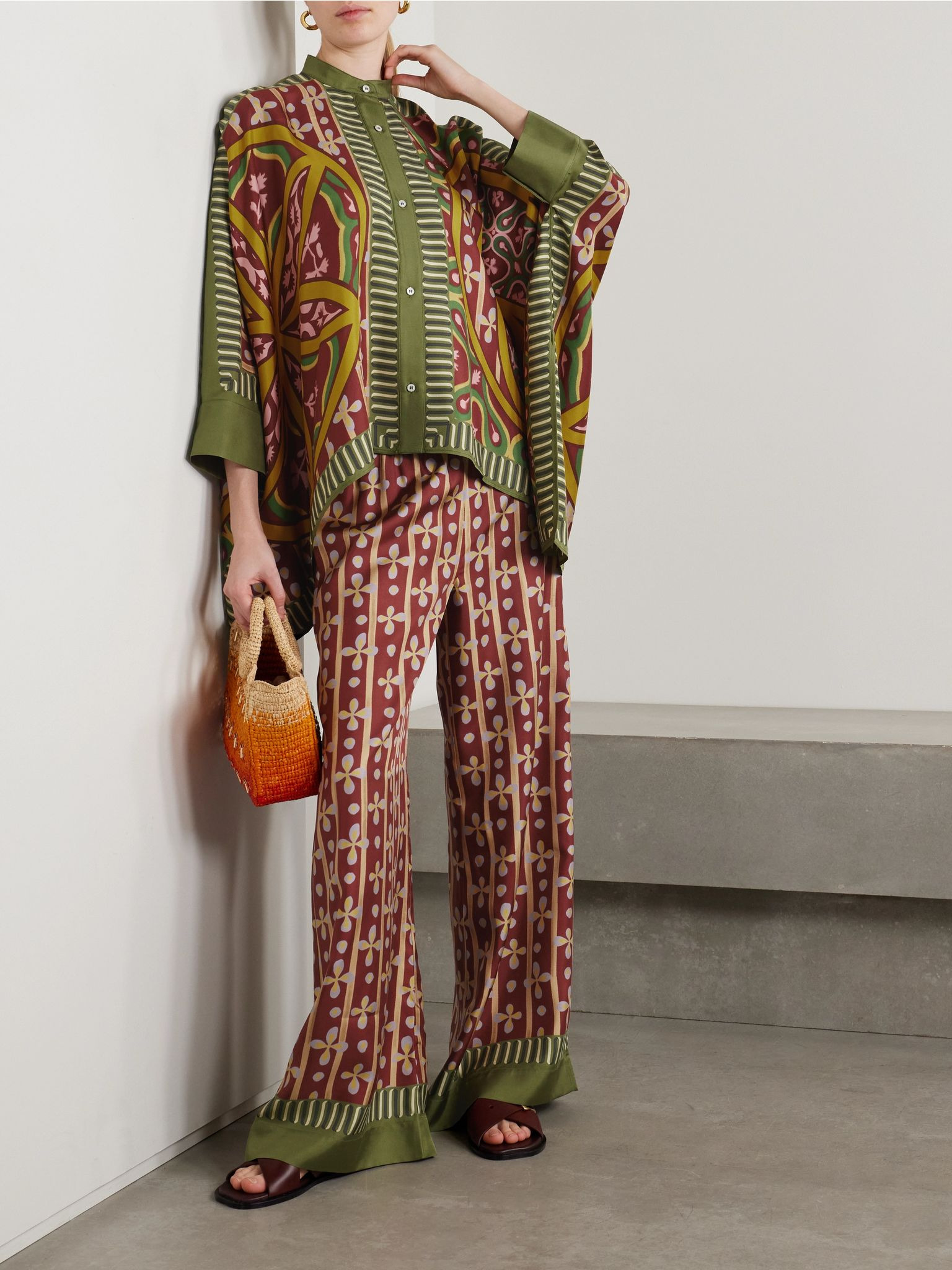 Printed silk-twill wide-leg pants Yellow - 2