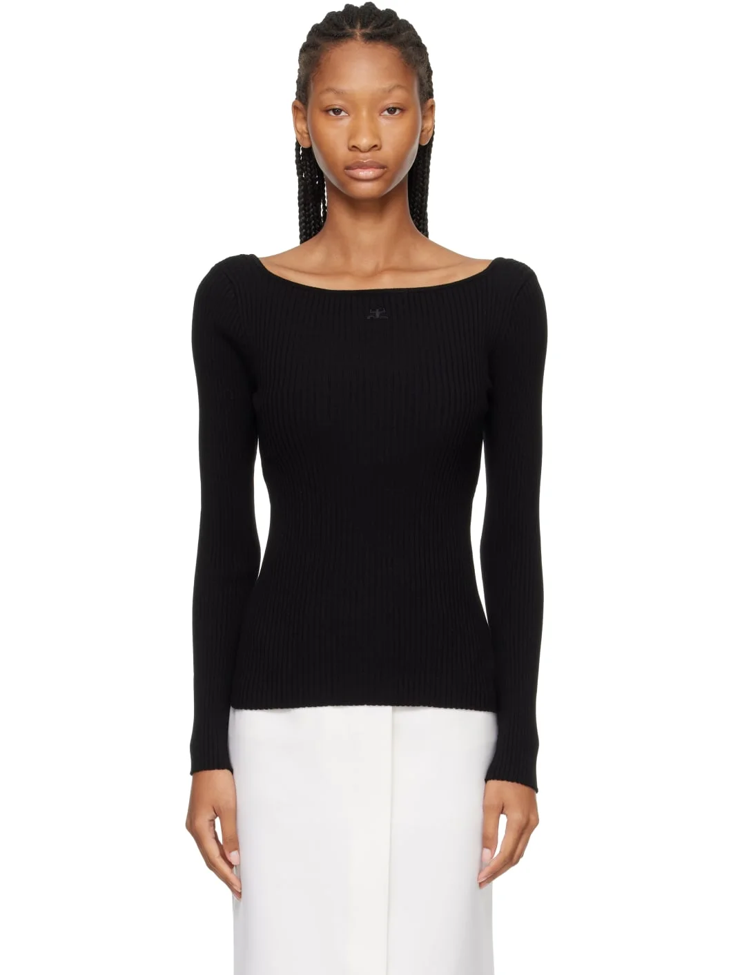 Black Square Neck Rib Knit Sweater - 1