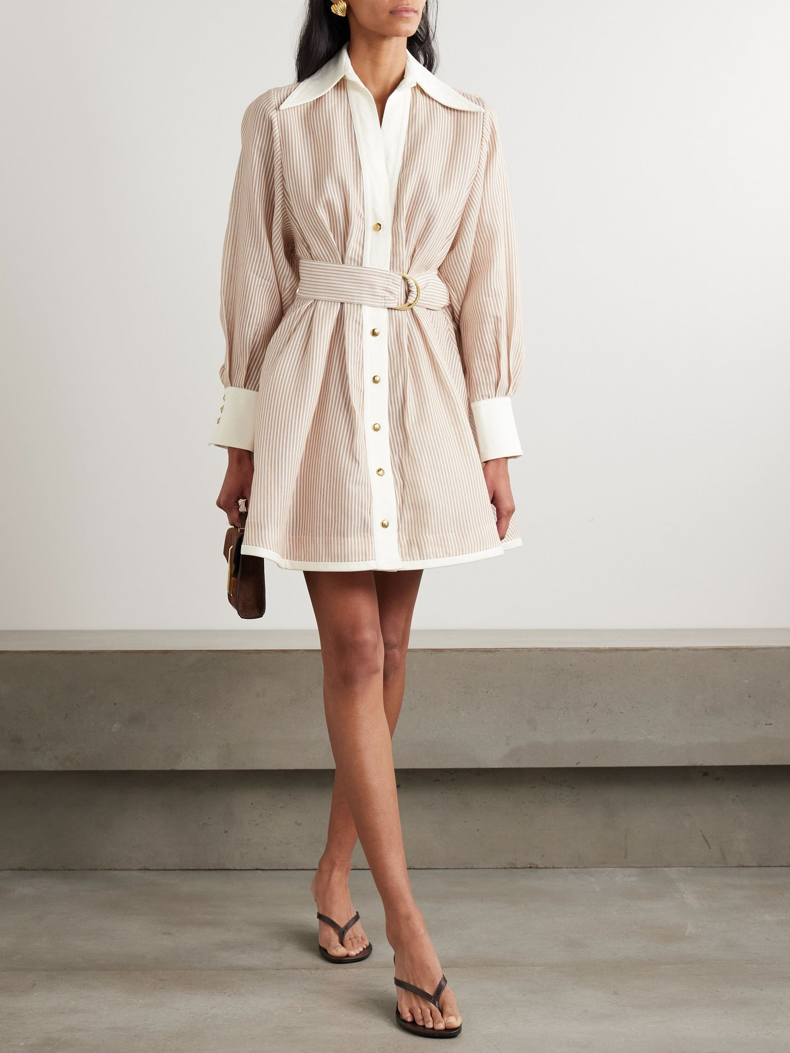 Belted striped cotton and silk-blend mini dress Ivory - 2