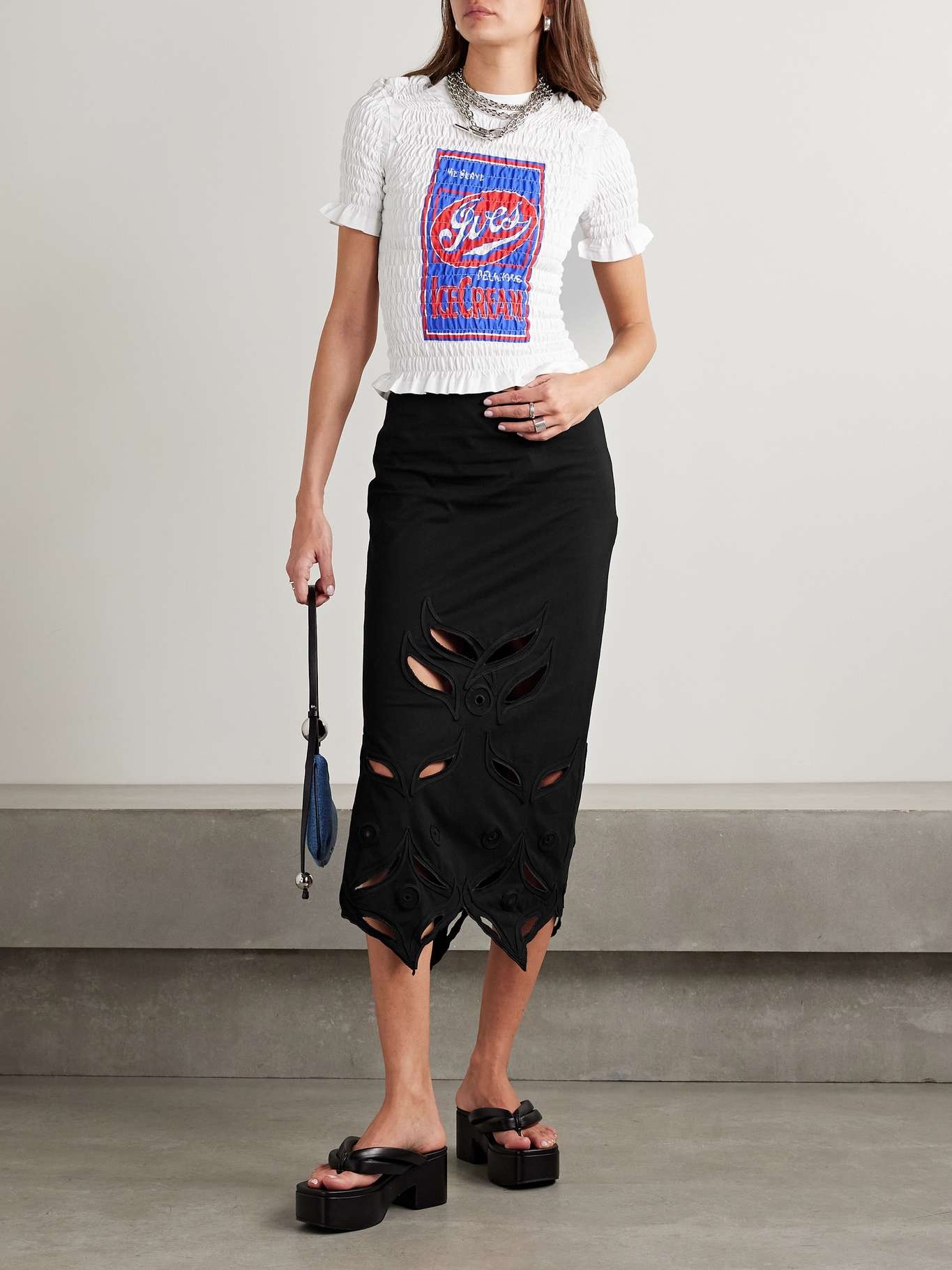 Schiffli cutout appliquéd embroidered cotton-jersey midi skirt Black - 2